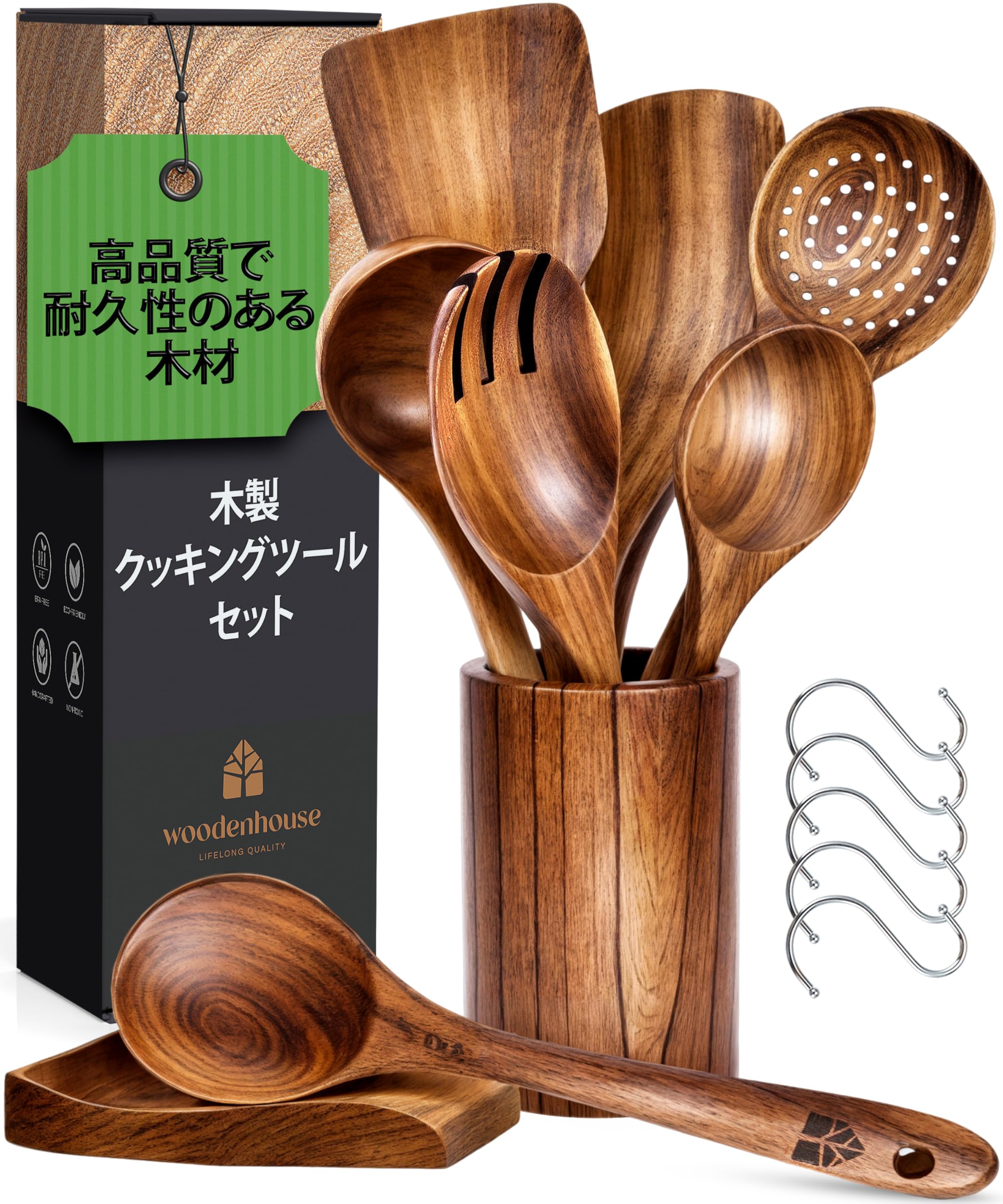 Wooden Cookware Kitchen Utensil Set Holder & Spoon Rest Teak Spoon Wood Spatula for Cooking Non-stick Natural Healthy Kitchen Cookware Durable 13 Piece Set