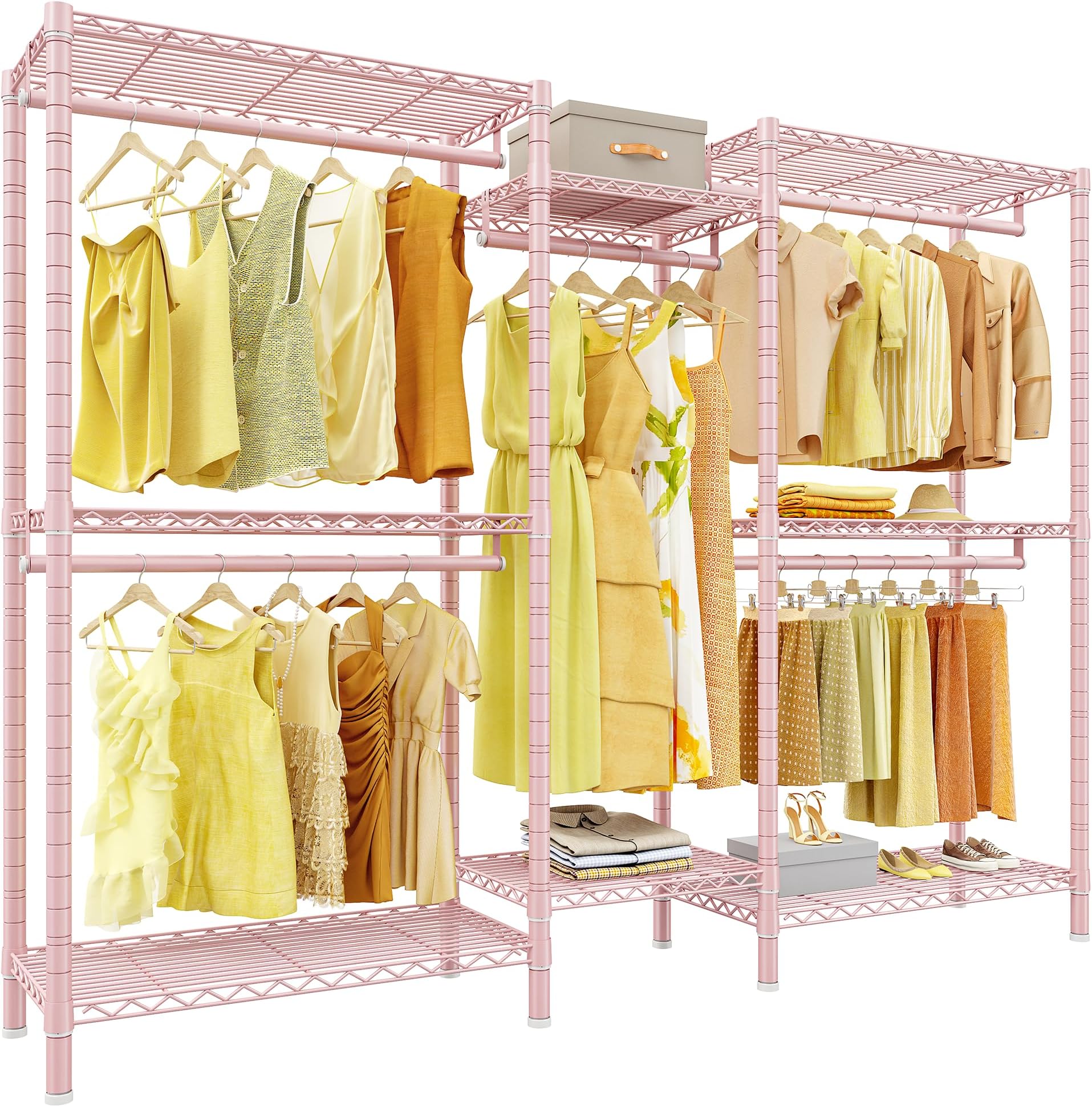 Raybee Clothes Rack,Clothing Racks for Hanging Clothes Heavy Duty,Adjustable Garment Rack with Shelves,Rolling Clothes Rack Max Load 905LBS,75" W x 77" H x 17.8" D Pink