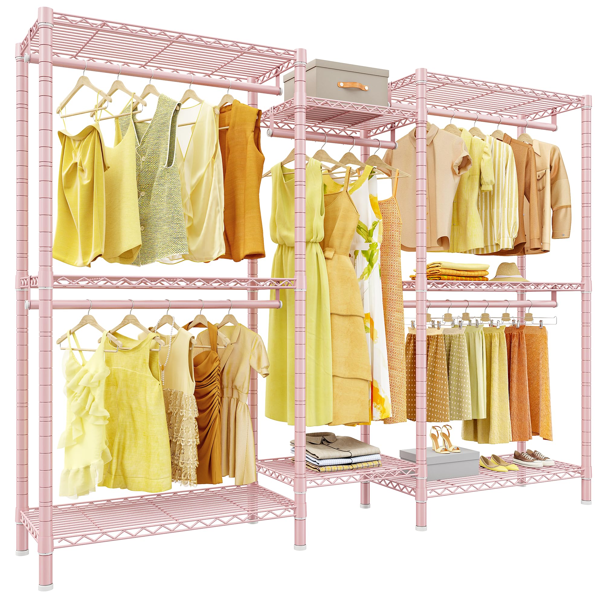 Raybee Clothes Rack,Clothing Racks for Hanging Clothes Heavy Duty,Adjustable Garment Rack with Shelves,Rolling Clothes Rack Max Load 905LBS,75" W x 77" H x 17.8" D Pink