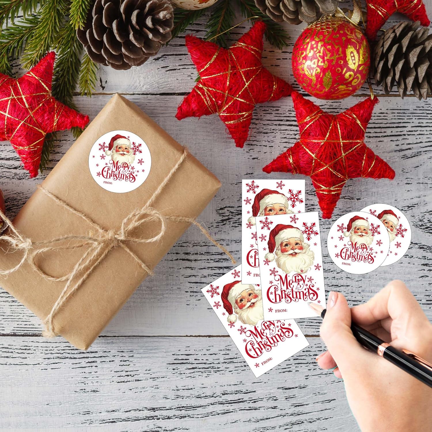 Merry Christmas Santa Claus Tag Stickers, Red Christmas Snowflake Gift Stickers for Envelopes Cards Goodie Bags, 20 Round and 20 Rectangular Labels, Wrapping Party Supplies and Favors-A01 - Image 3