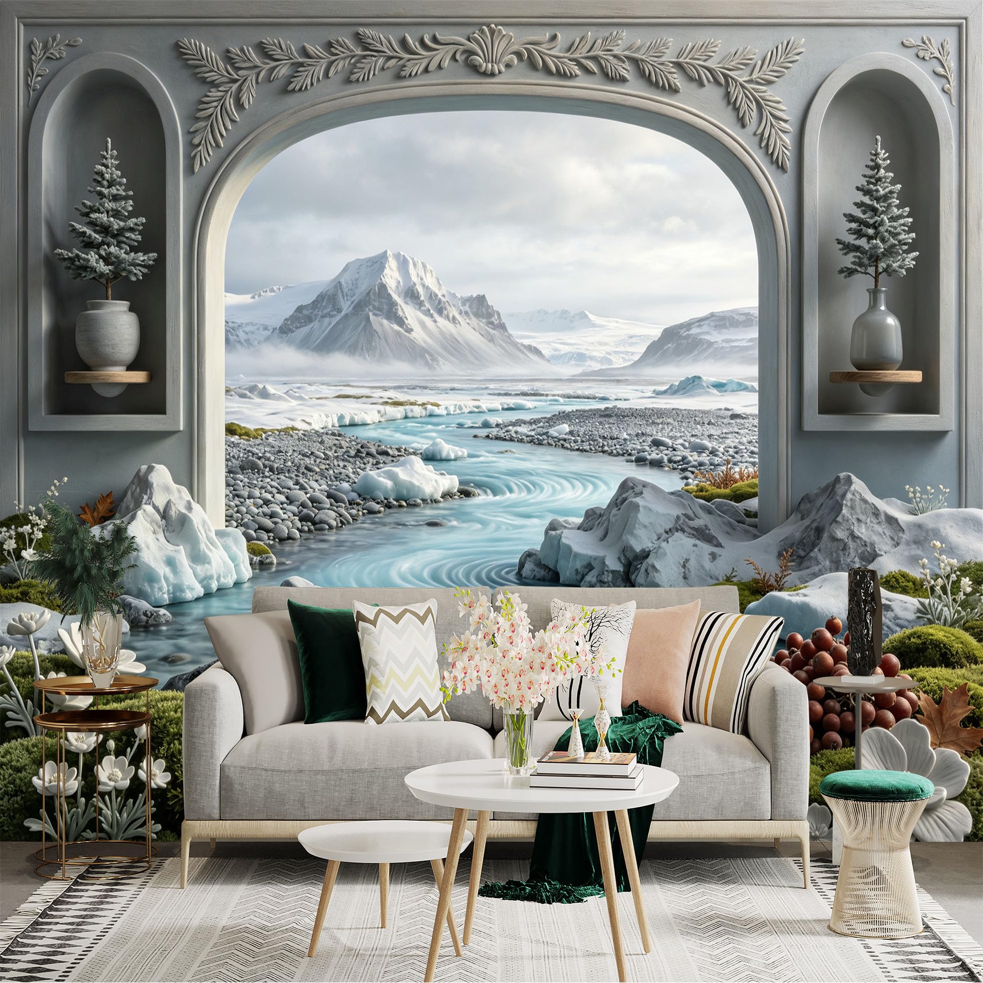 Lnzczhyre Bh260719473 Custom Size Wall Sticker Mural， Snowy Mountain Landscape With Frozen River， Serene Winter Scenery， For Wall Decoration， Peelandstick Wall Decals.