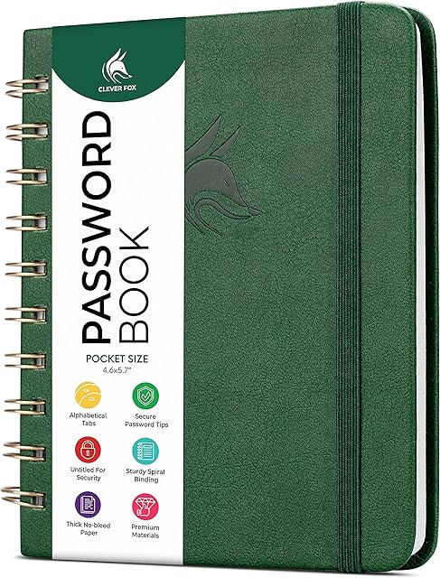 Clever Fox Password Book Spiral  Mini Internet Address & Password Organizer with Laminated Alphabetical Tabs  Small Password Keeper Journal  Hardcover, Pocket Size, 12x14.5cm (Dark Green)