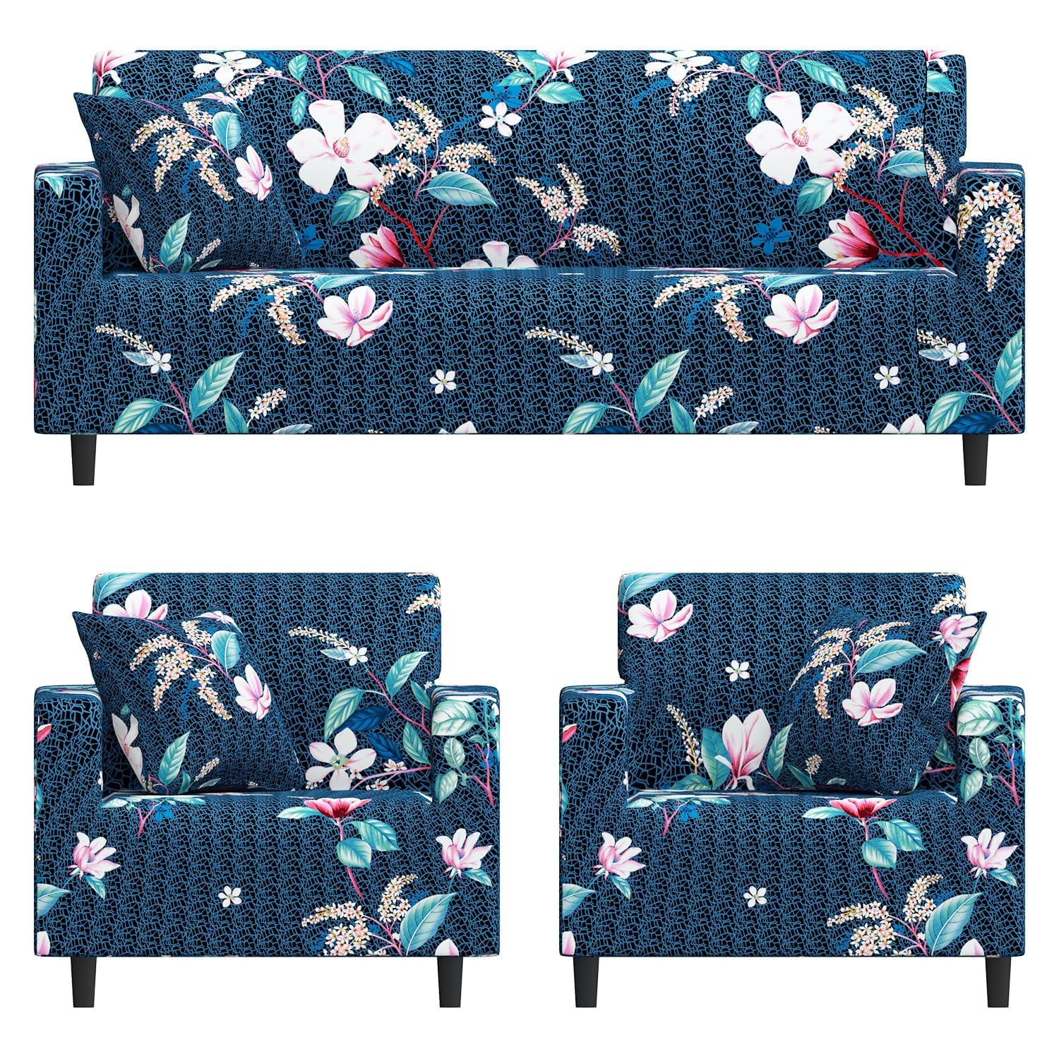 Furshine® Sofa Cover 3 Seater and 2 Seater Fully Covered Universal 5 Seater Sofa Cover Non-Slip Sticky Elastic Stretchable Sofa Set Slipcover Protector (Blue Lotus, Five Seater (3+1+1))-image-29
