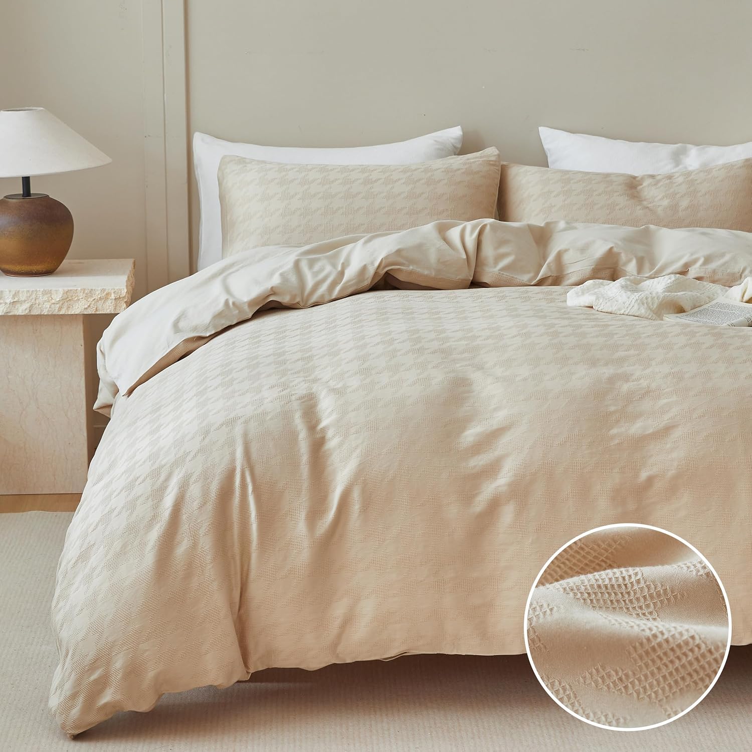 BISELINA 100% Cotton Waffle Weave Duvet Cover Set – Houndstooth Pattern, Soft & Lightweight Farmhouse Bedding, Breathable for All Seasons, 3PCS (1 Duvet Cover & 2 Pillow Shams) – Khaki, King Size