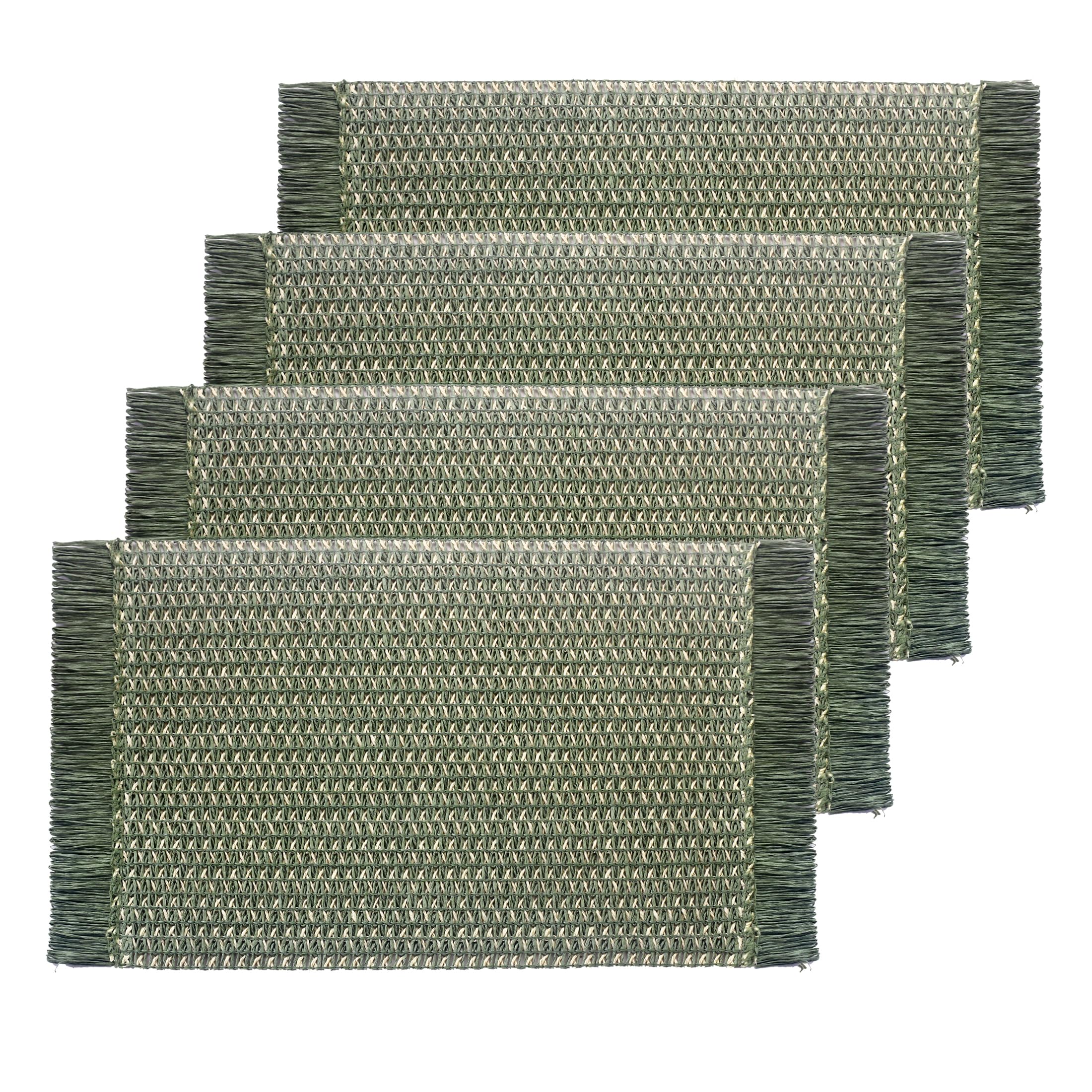 Photo 1 of Woven Wood Pulp Boho Placemats Set of 4, 11.5 x 17 inches, Natural and Green, Rectangle