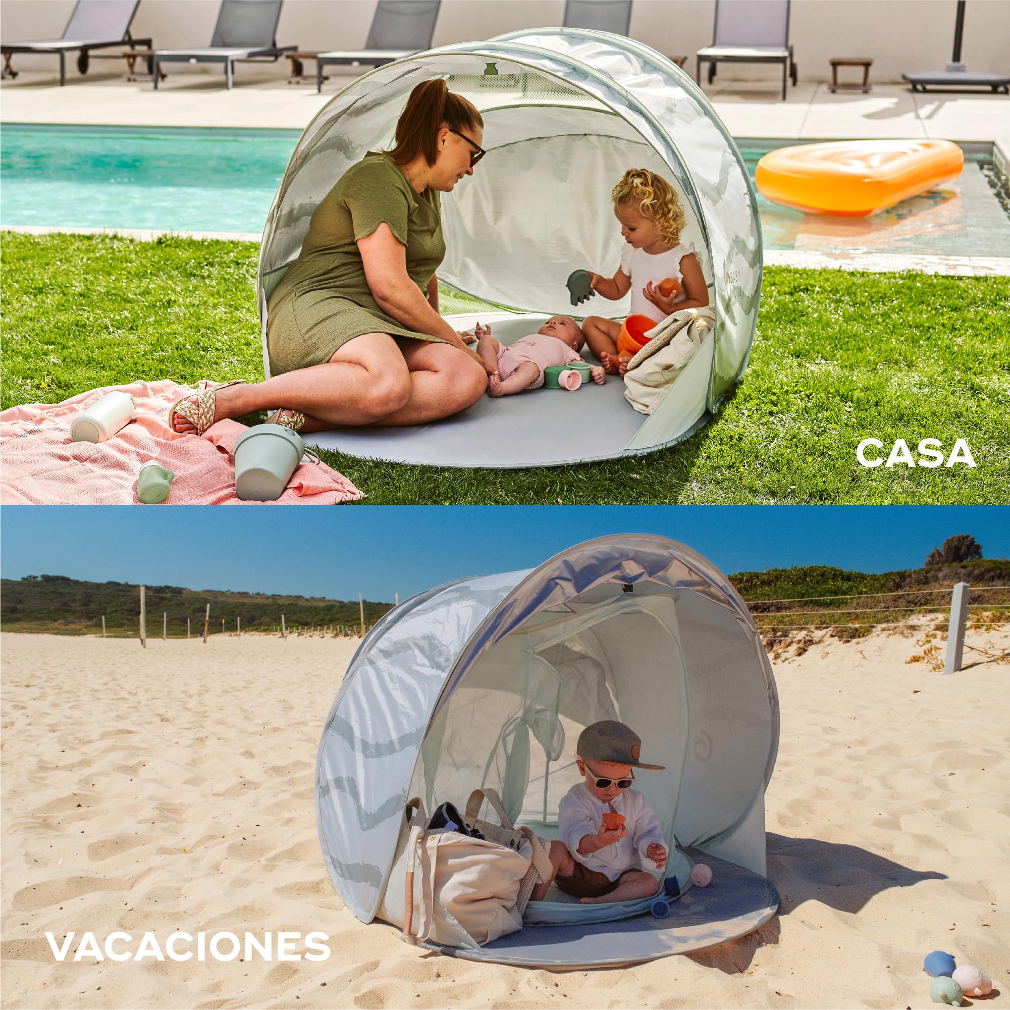 Babymoov Moov & Protect Tienda Anti-UV Refrescante - Alta Protección Anti-UV UPF 50+ - Sistema Pop Up - Gran Tienda Anti-UV de Playa - Mosquitera de Malla Fina, Laguna Verde