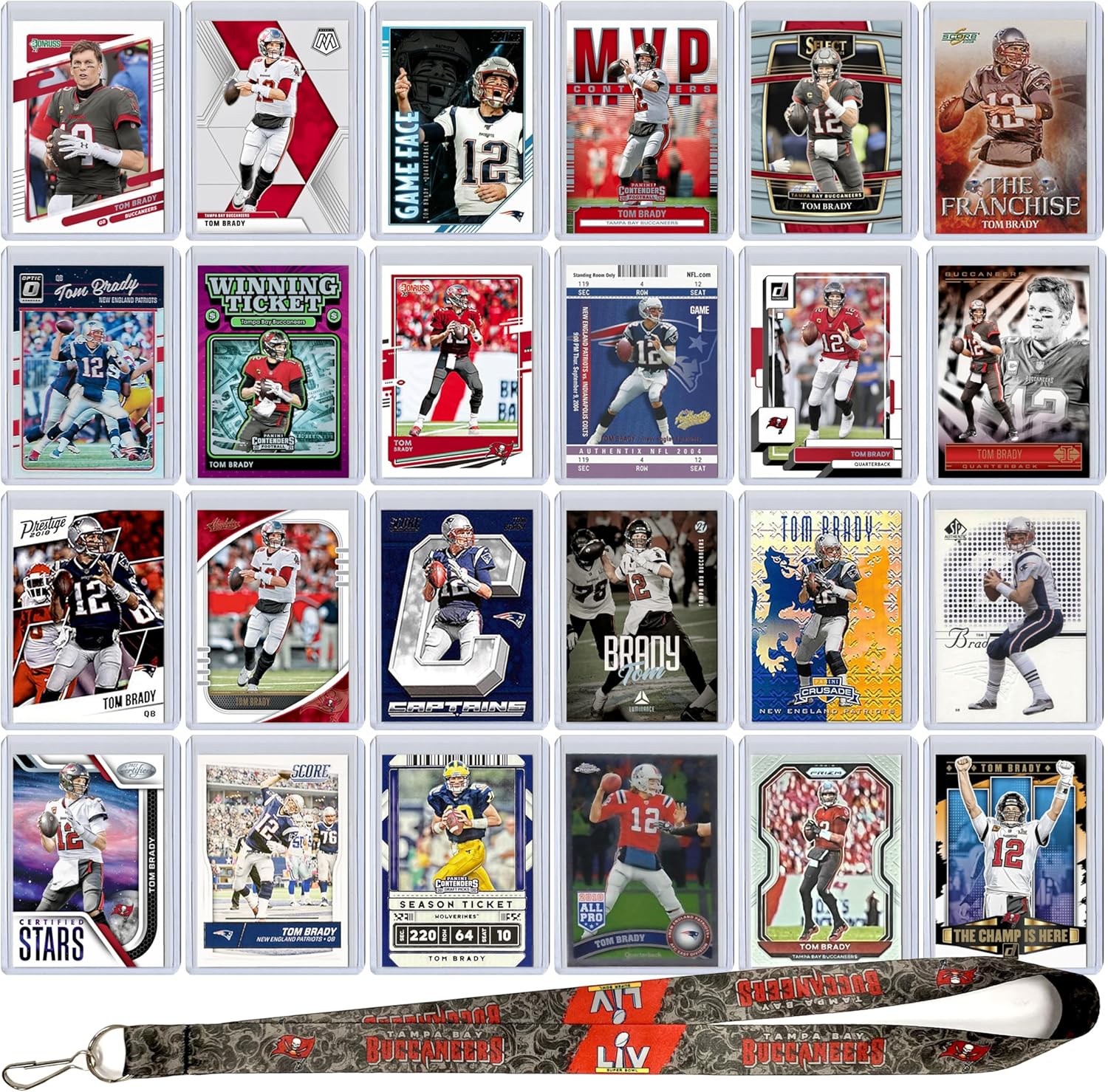 Tom Brady Football Card Bundle, Set of 24 Assorted Tampa Bay Buccaneers New England Patriots Michigan Wolverines Football Cards of Quarterback Super Bowl Champion Protected by Sleeve and Toploader