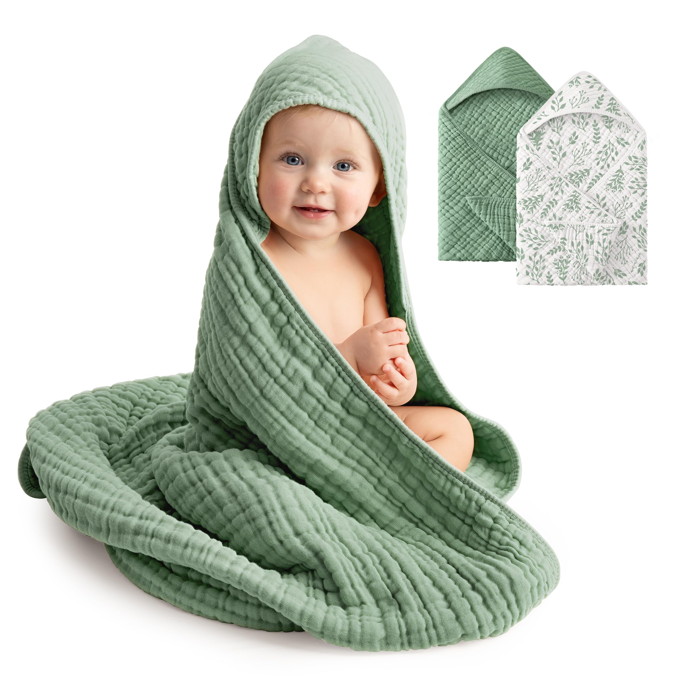 Baby Bath Towels, 100% Muslin Cotton Hooded Baby Towels for Newborn, 2 Pack Baby Towels with Hood for Infant Toddler and Kids, Large 32x32Inch Unisex Bath Essentials, Soft and Absorbent
