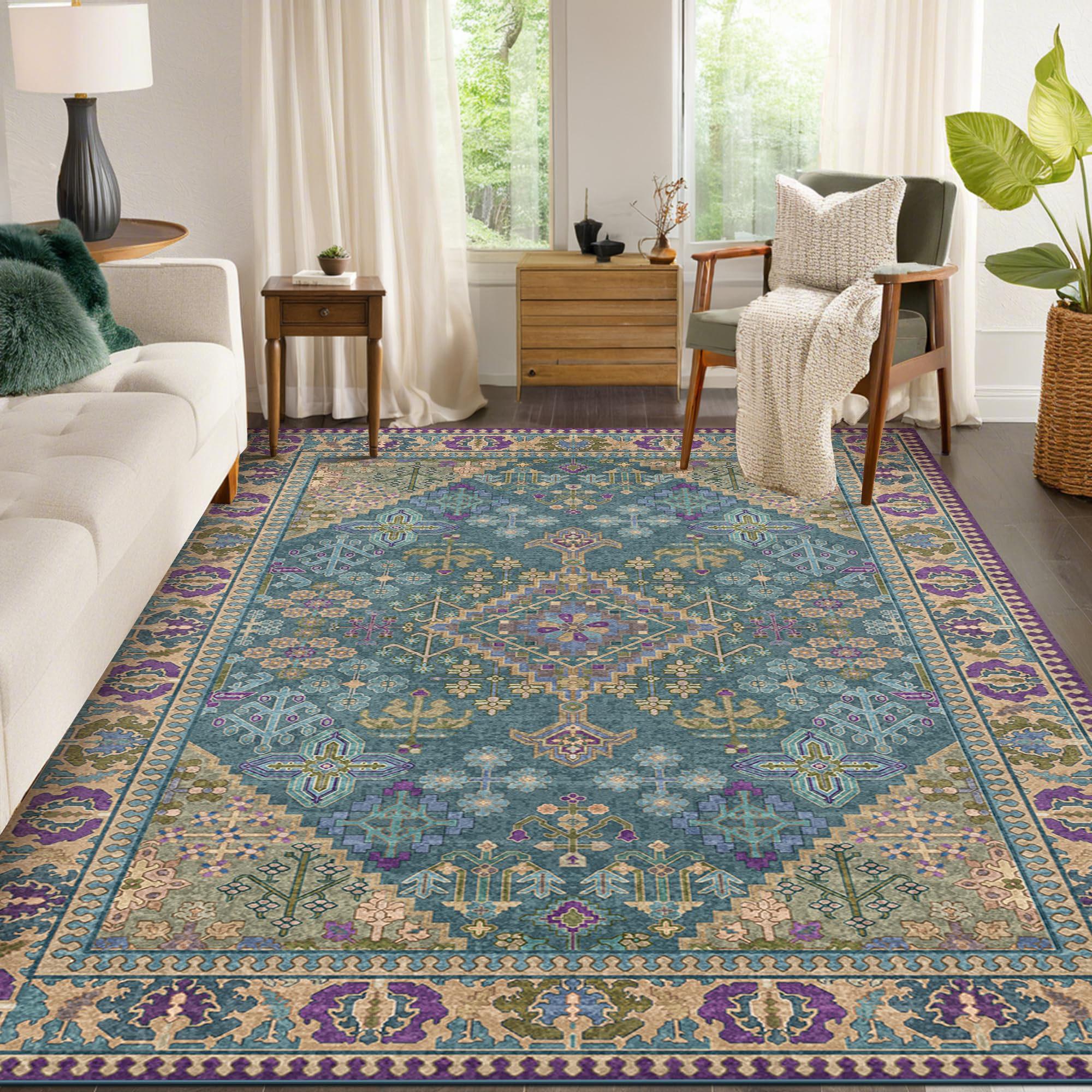 4x6 Boho Machine Washable Low Pile Area Rugs for Living Room Teal Purple