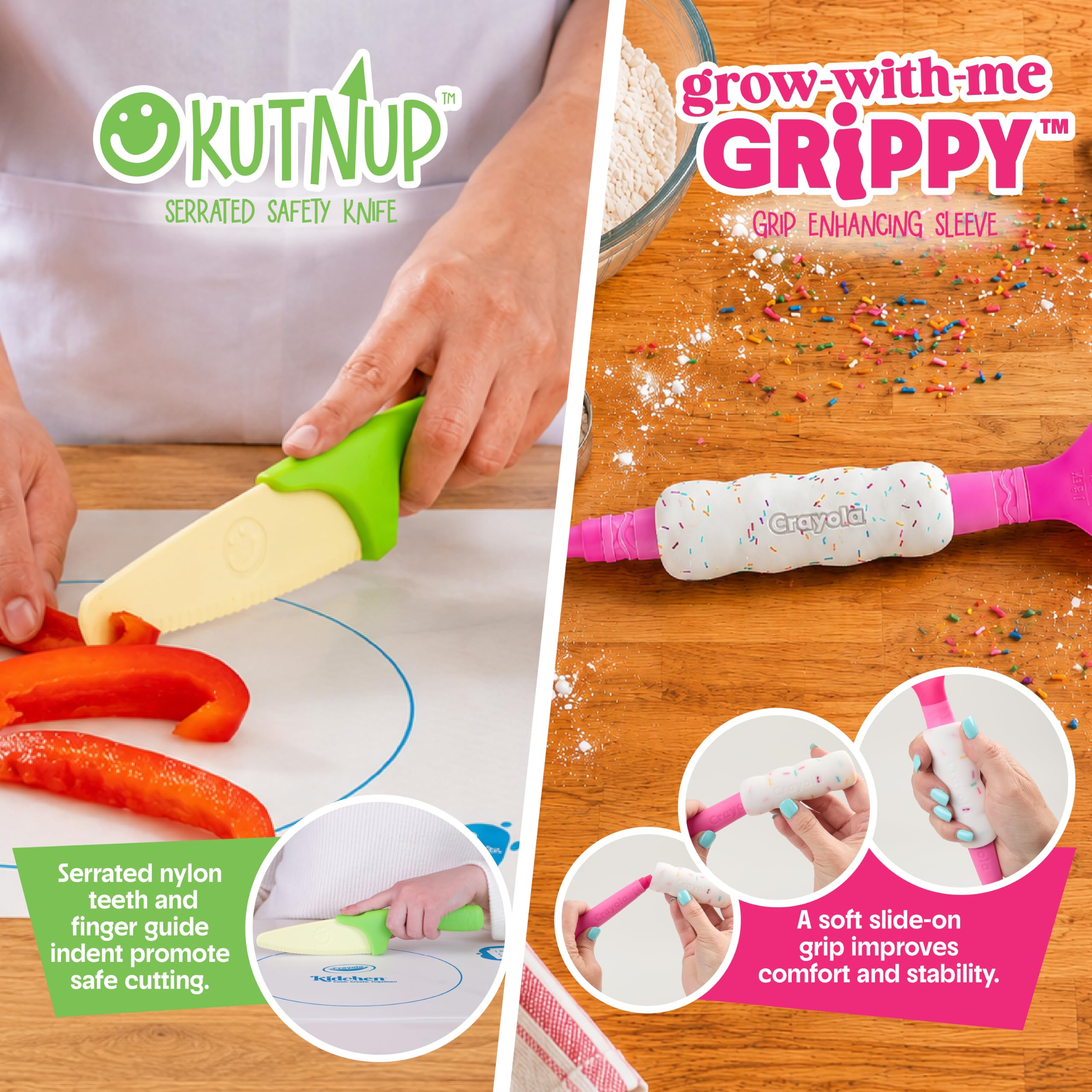 Crayola Kidchen - Set di 5 utensili da cucina creativi per bambini, con spatola 2 in 1, frusta in acciaio inox e mestolo, in silicone alimentare colorato, regalo da cucina per bambini, dai 5 anni in
