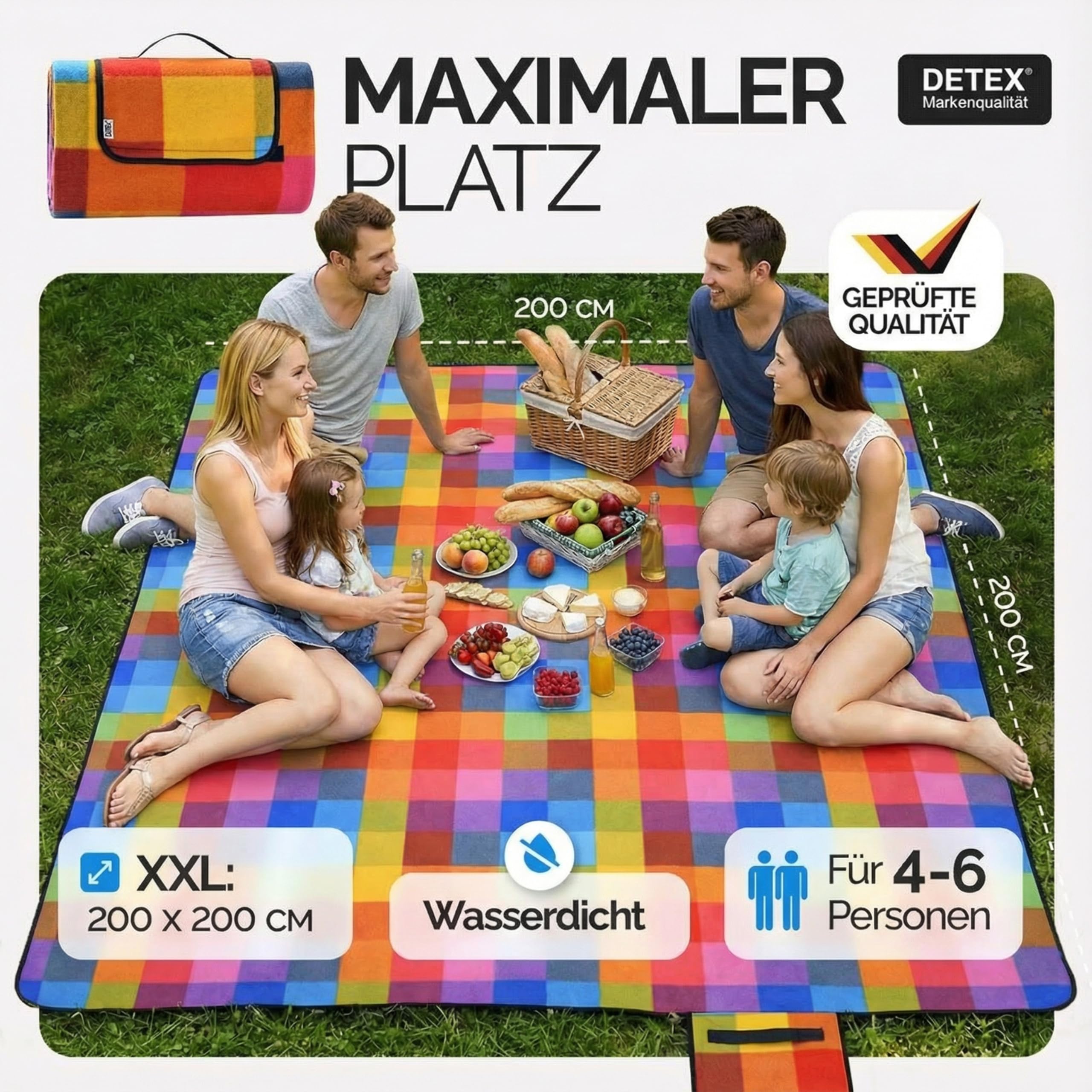 DETEX Picknickdecke Campingdecke XXL 200x200 cm Wasserdicht Wärmeisoliert Waschbar Fleece Faltbar für 4-6 Personen Garten Stranddecke Pixel