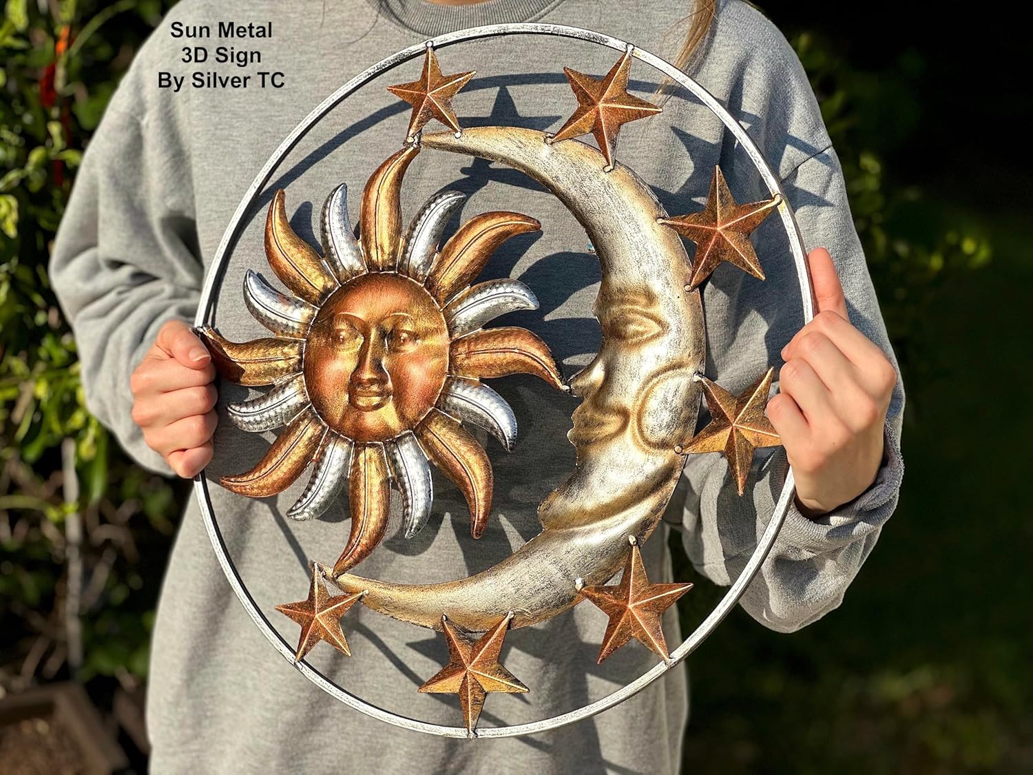 Large Metal Sun Moon Star Wall Art Sculpture Decor for Indoor Outdoor (17" Diameter)