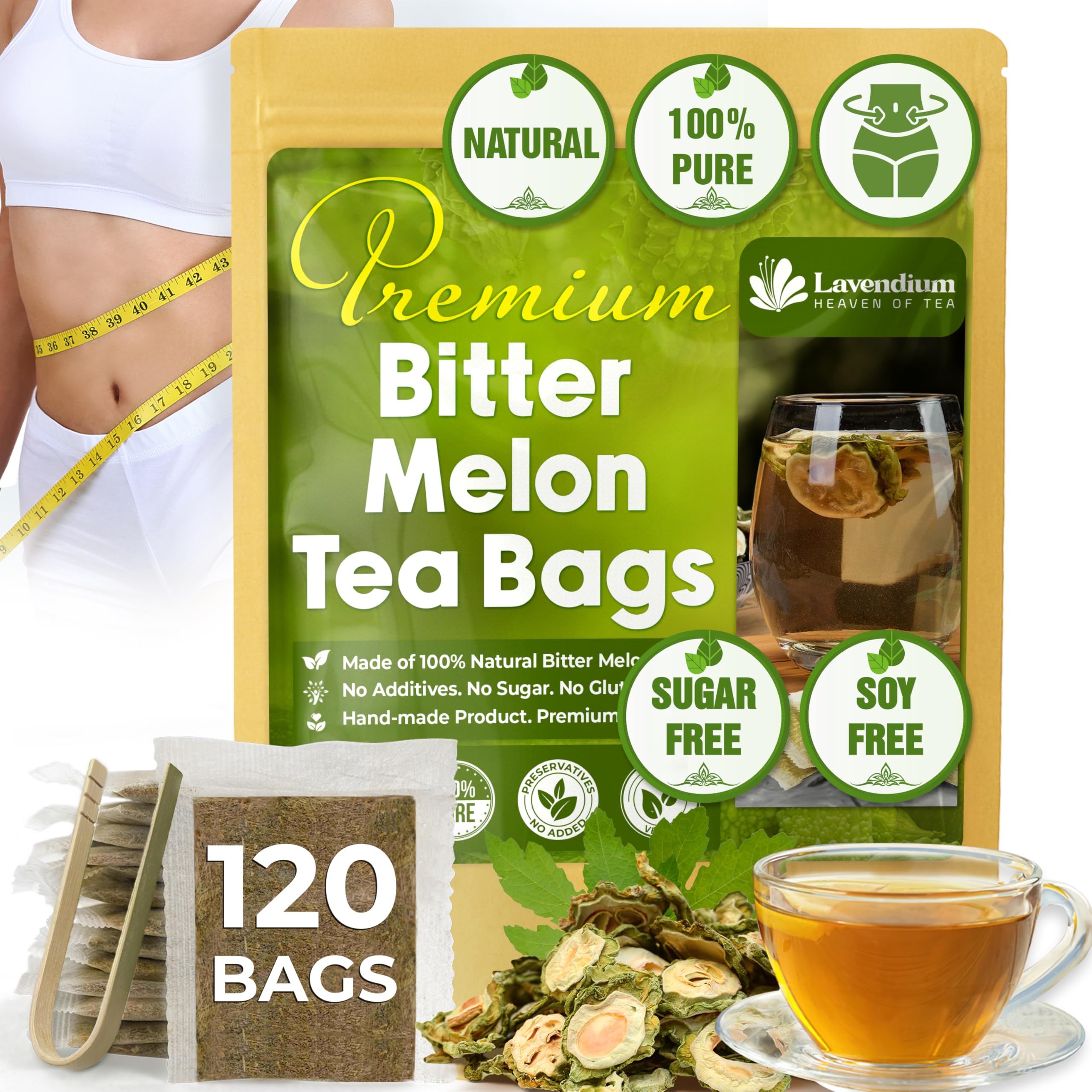 Lavendium, Premium 120 Tea Bags Bitter Melon Fruit Herbal Tea, 100% Natural and Pure, Hand-made, Made With Natural Materials-Corn Fiber Tea Bag, Sugar Free. Caffeine Free. Gluten Free. Vegan