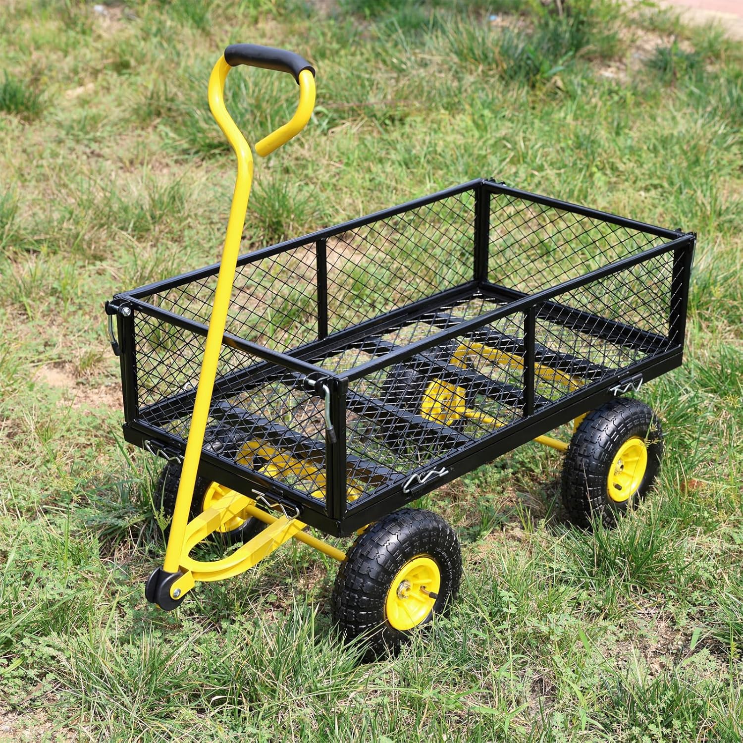 Folding Garden Dump Truck Cart - Utility Heavy Duty Wagon with 180° Rotating Handle and Removable Sides, 10-Inch Pneumatic Tires, 550 lbs Capacity, Gorilla Cart for Yard and Garden, Yellow