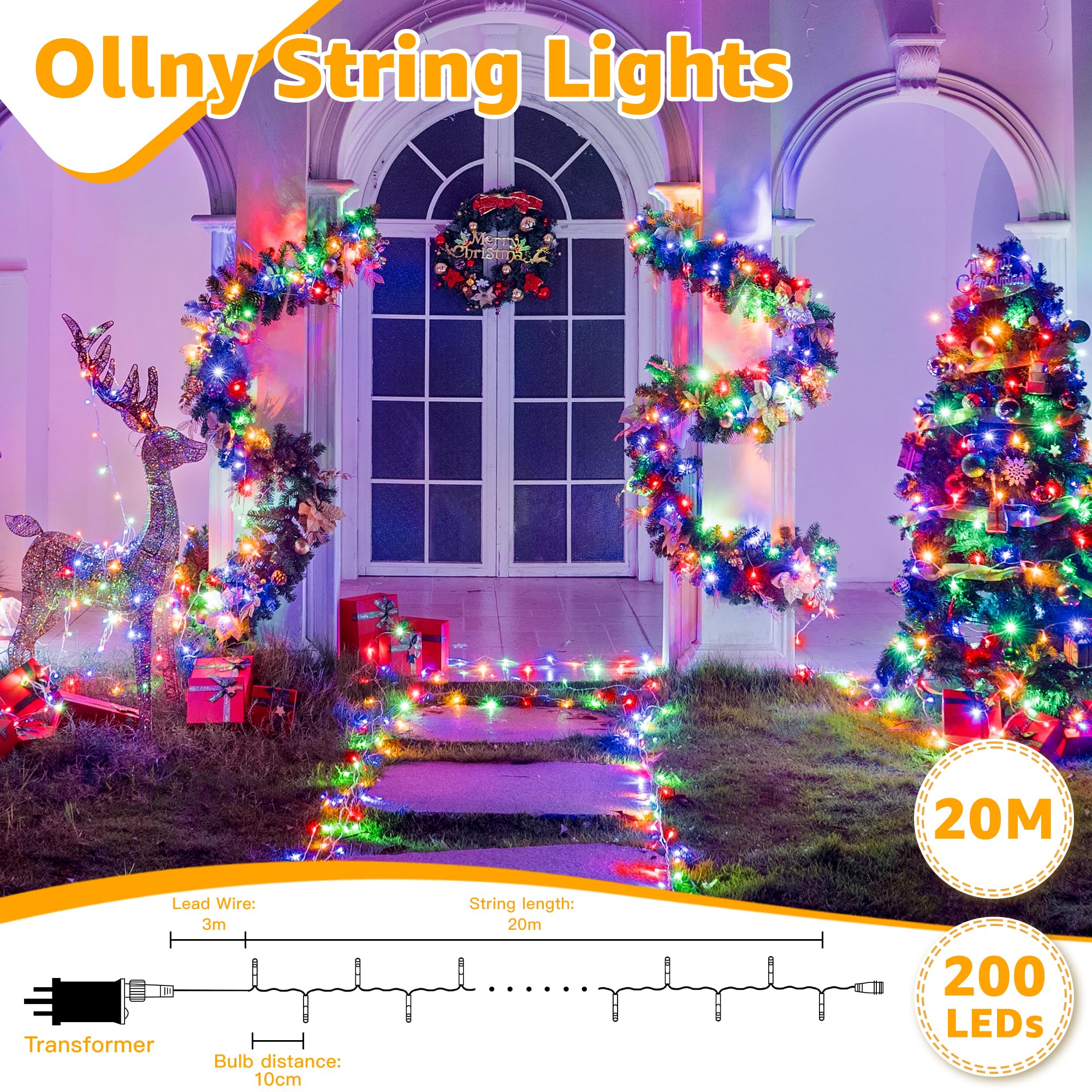 Ollny Christmas Tree Lights, 20m 200 LED Outdoor Fairy Light Mains Powered - Image 2