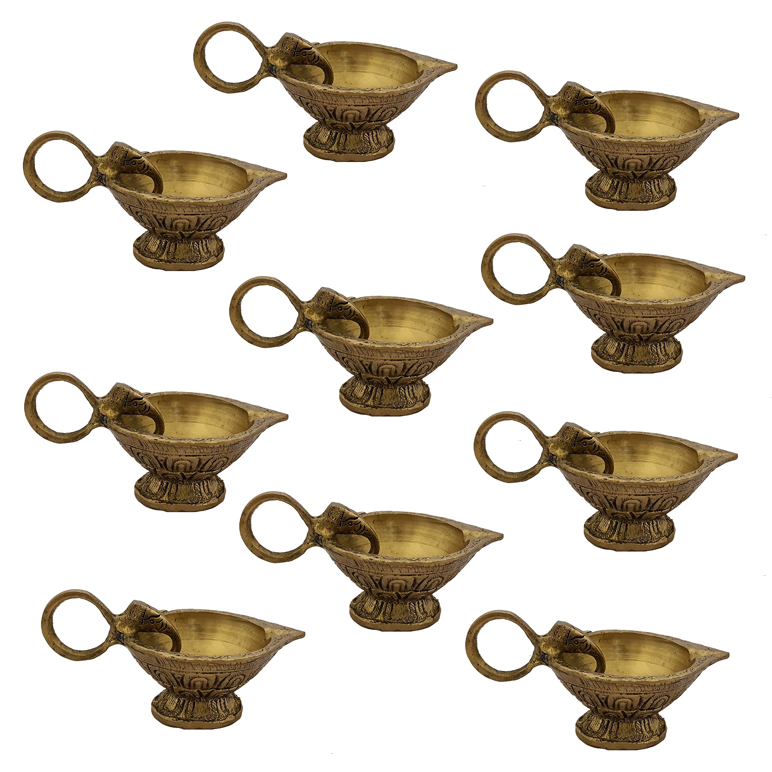 Divya Mantra Ganesha Brass Diya Indian Diwali Oil Lamp Pooja Light Puja Decorations Mandir Decoration Items Handmade Table Home Backdrop Decor Lamps Made in India Decorative Deepam - Gold (10)