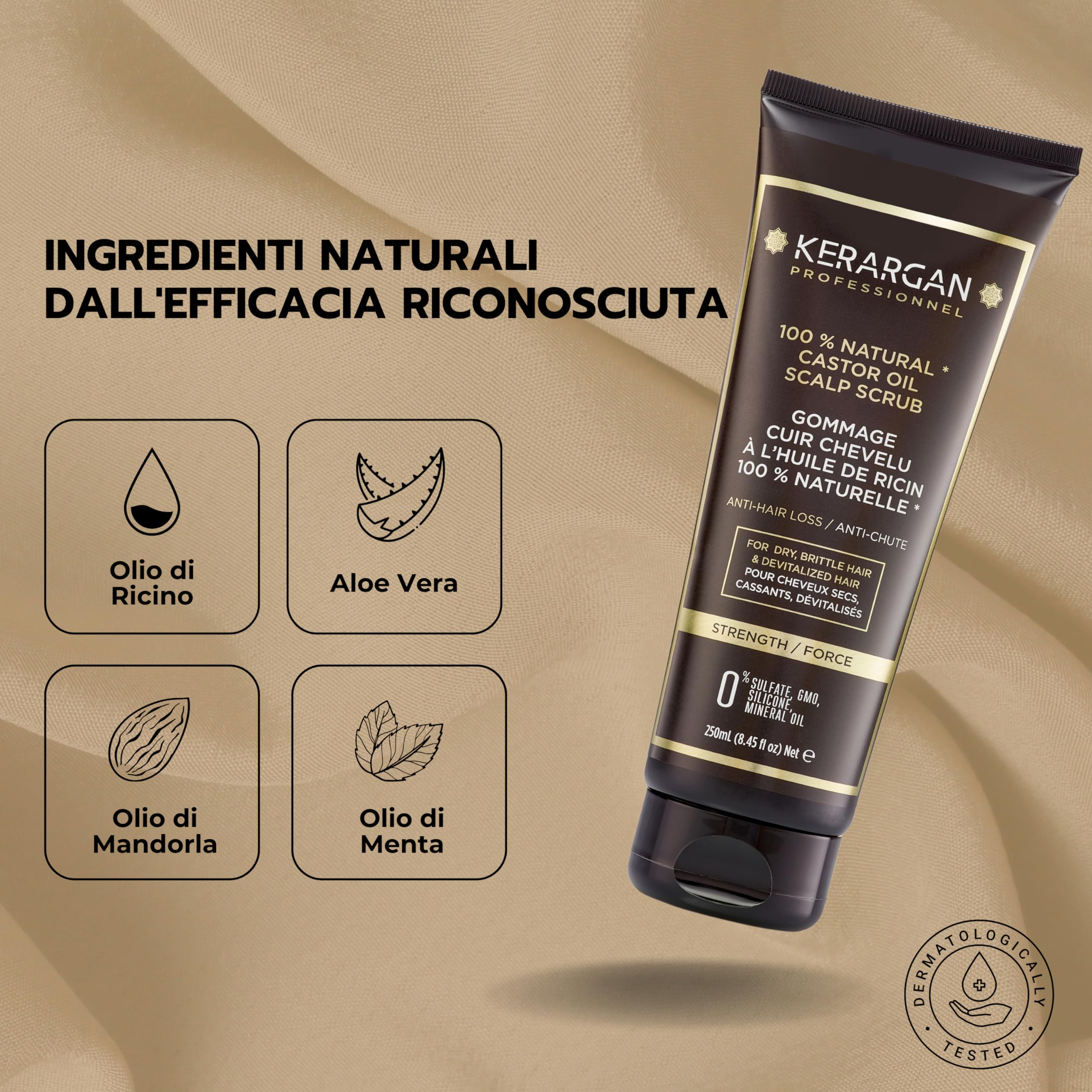 Kerargan - Scrub Capillare Anti-Caduta all'Olio di Ricino - Per un Cuoio Capelluto Sano e Capelli Rivitalizzati - Arricchito con Olio di Mandorle Dolci e Aloe Vera - Senza solfati,GMO,silicone - 250ml