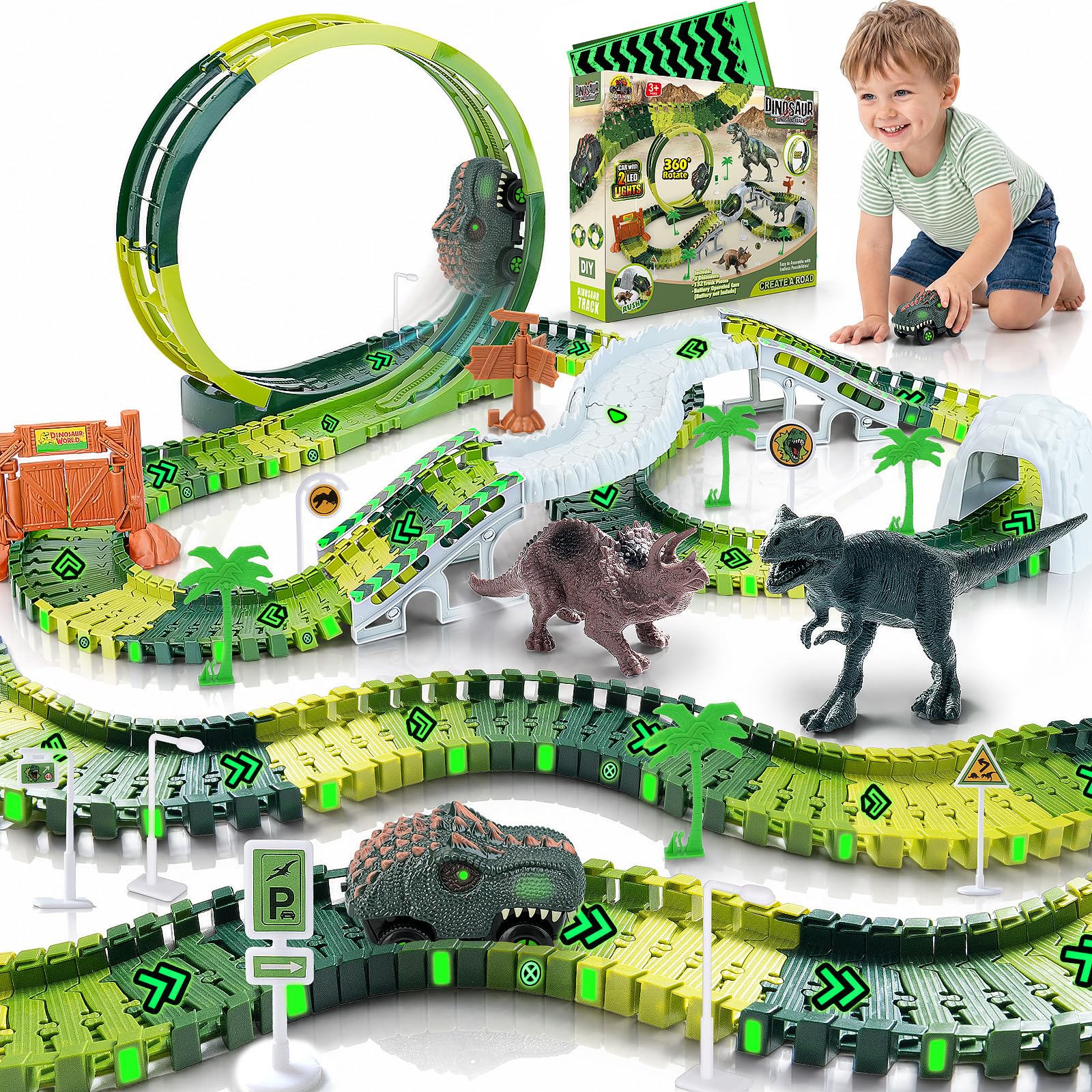 Dinozaury tor samochodowy dla dzieci w wieku od 3, 4, 5, 6 lat, dinozaury, zestaw zabawek dla dzieci, autostrada, pociąg z 2 samochodami, elektryczny tor wyścigowy 360 pętli, tor wyścigowy