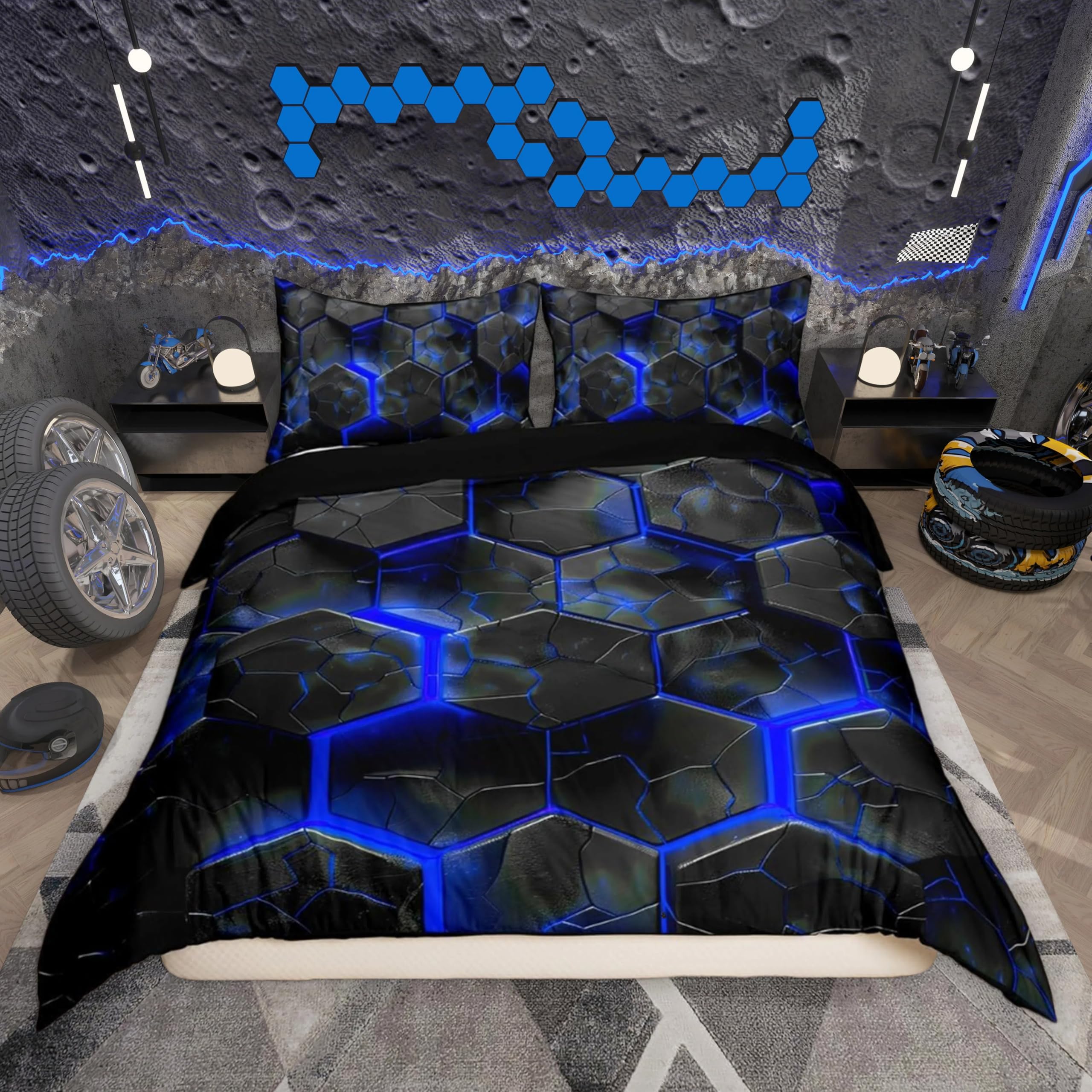 Loussiesd 3D Geometric Honeycomb Duvet Cover Set Double Size For Kids Boys Teens Blue Neon Hexagonal Bedding Set Modern Art Comforter Cover with 2 Pillowcases Stripe Line Beds Set