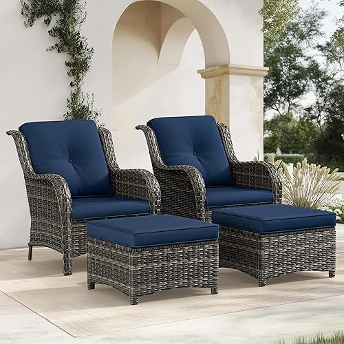 Miniatura 6 de Gardenbee Juego de 2 otomanas para patio, con marco de acero de mimbre de polietileno, con cojines de olefina extraíbles para patio, patio trasero y