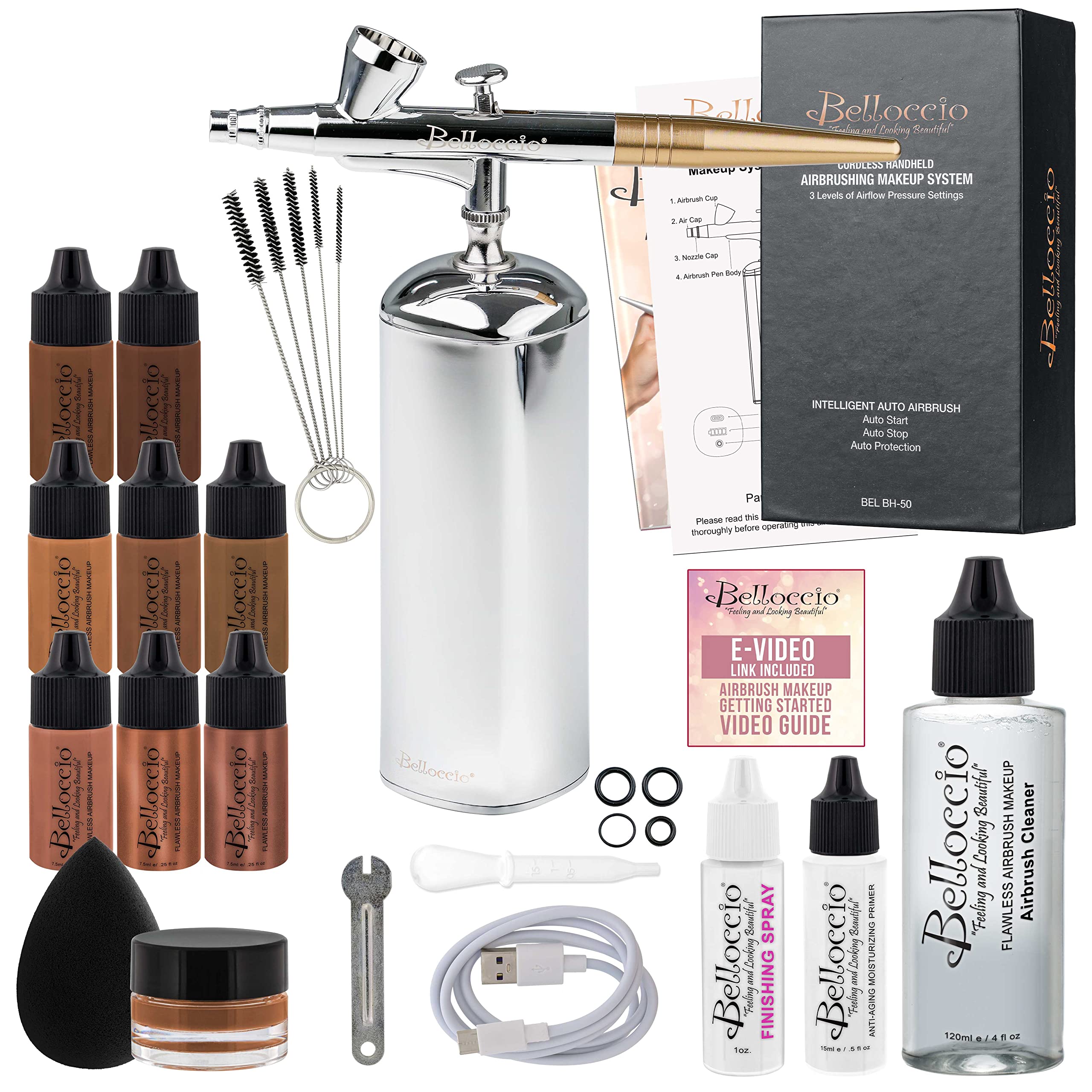Belloccio Complete Cordless Handheld Airbrush Cosmetic Makeup System with 5 Dark Foundation Shades, Professional 18-Piece Kit, Moisturizing Primer,