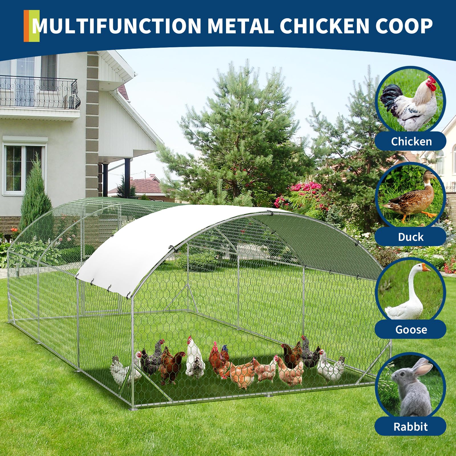 Gallinero de metal con paseo, jaula para aves de corral al aire libre con puertas dobles, cubierta resistente a la intemperie y a los rayos UV para pollos, patos, gansos, conejos, patio trasero o uso