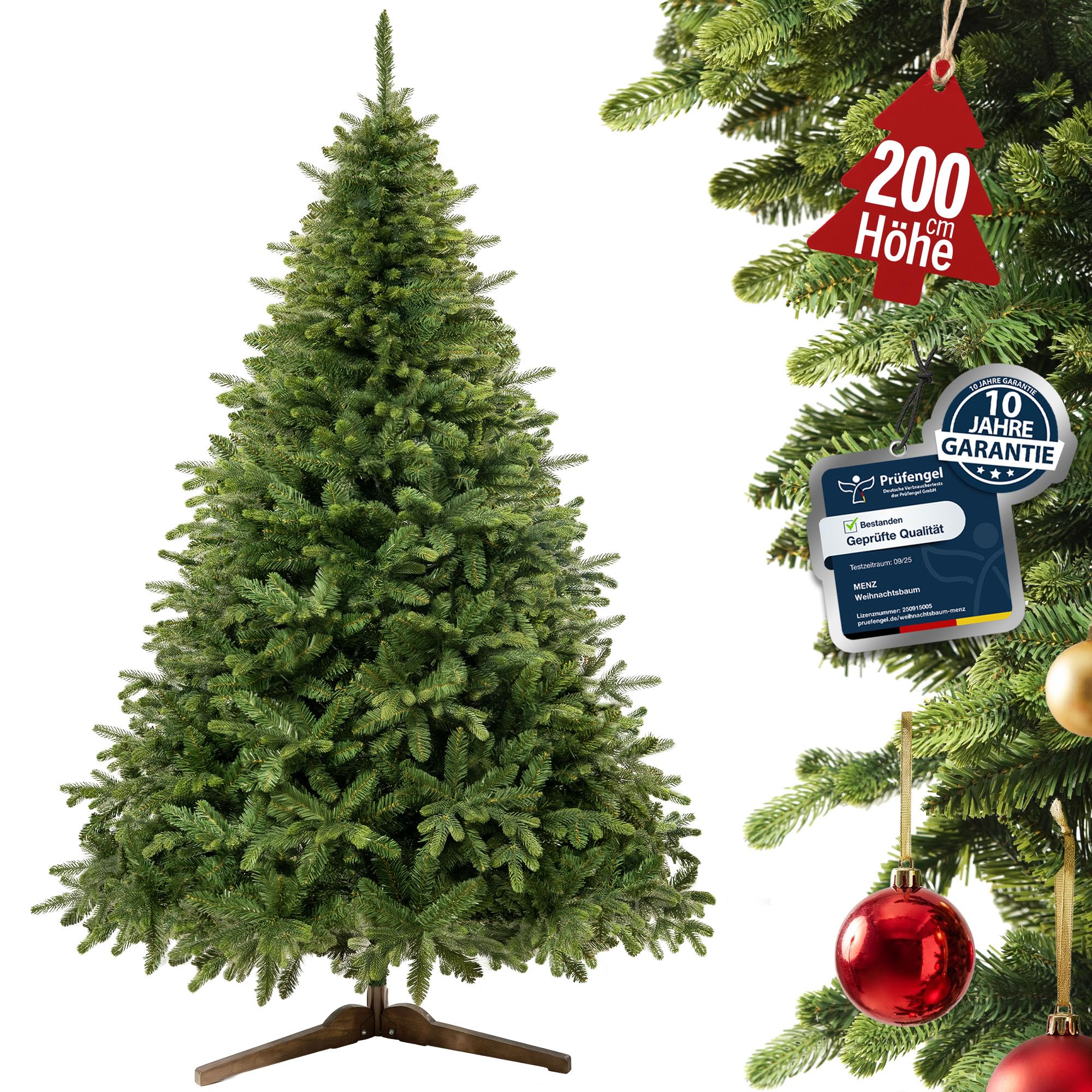 Menz Premium Weihnachtsbaum künstlich 200 cm | Premium Tannenbaum – Nordmanntanne mit naturgetreuen PE-Spitzen, dichten Zweigen, Holzständer und Aufbewahrungstasche