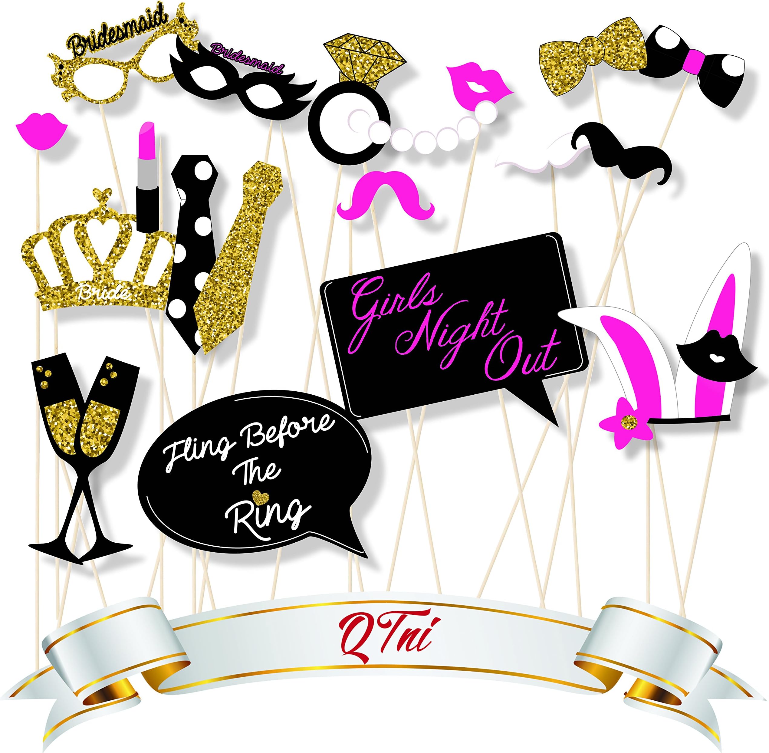 QTni Bachelorette Party Photo Booth Prop Set of 21 with Real Gold Glitter on Super Thick 400 GSM Glossy Cover Cardstock Paper