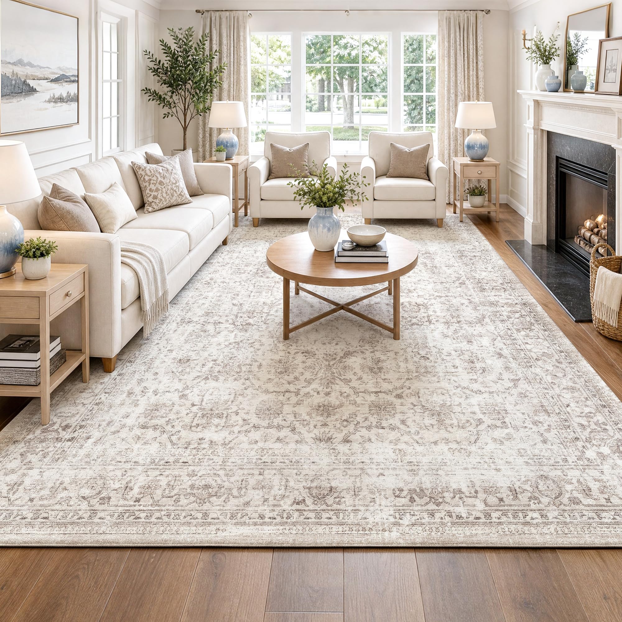 FMFUNCTEX 10x12 Washable Beige Neutral Vintage Large Area Rug Living Room