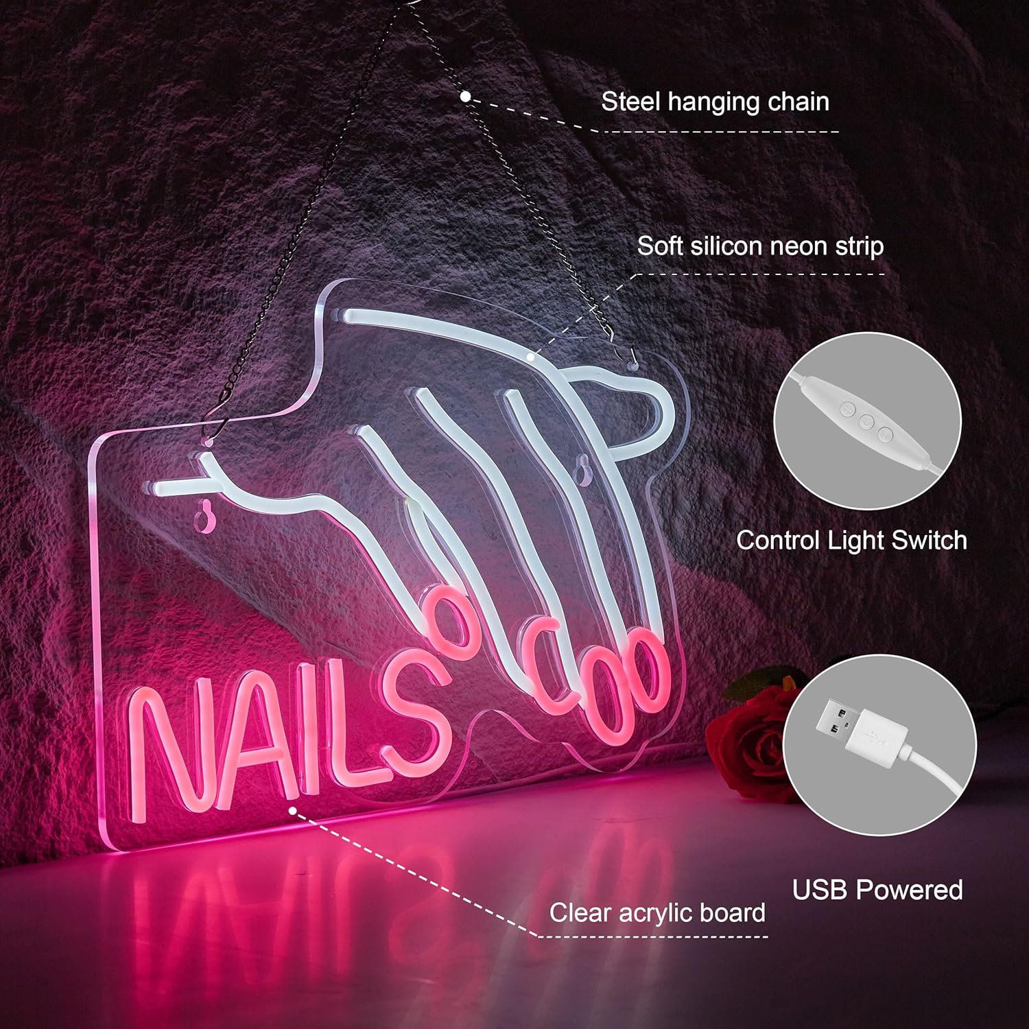Nails Salon Neon Sign Dimmable Neon Light for Wall Decor Powered by USB Adapter for Beauty Store Room Gift Light and Shop Decorative Signs (17x12inches) - Image 4