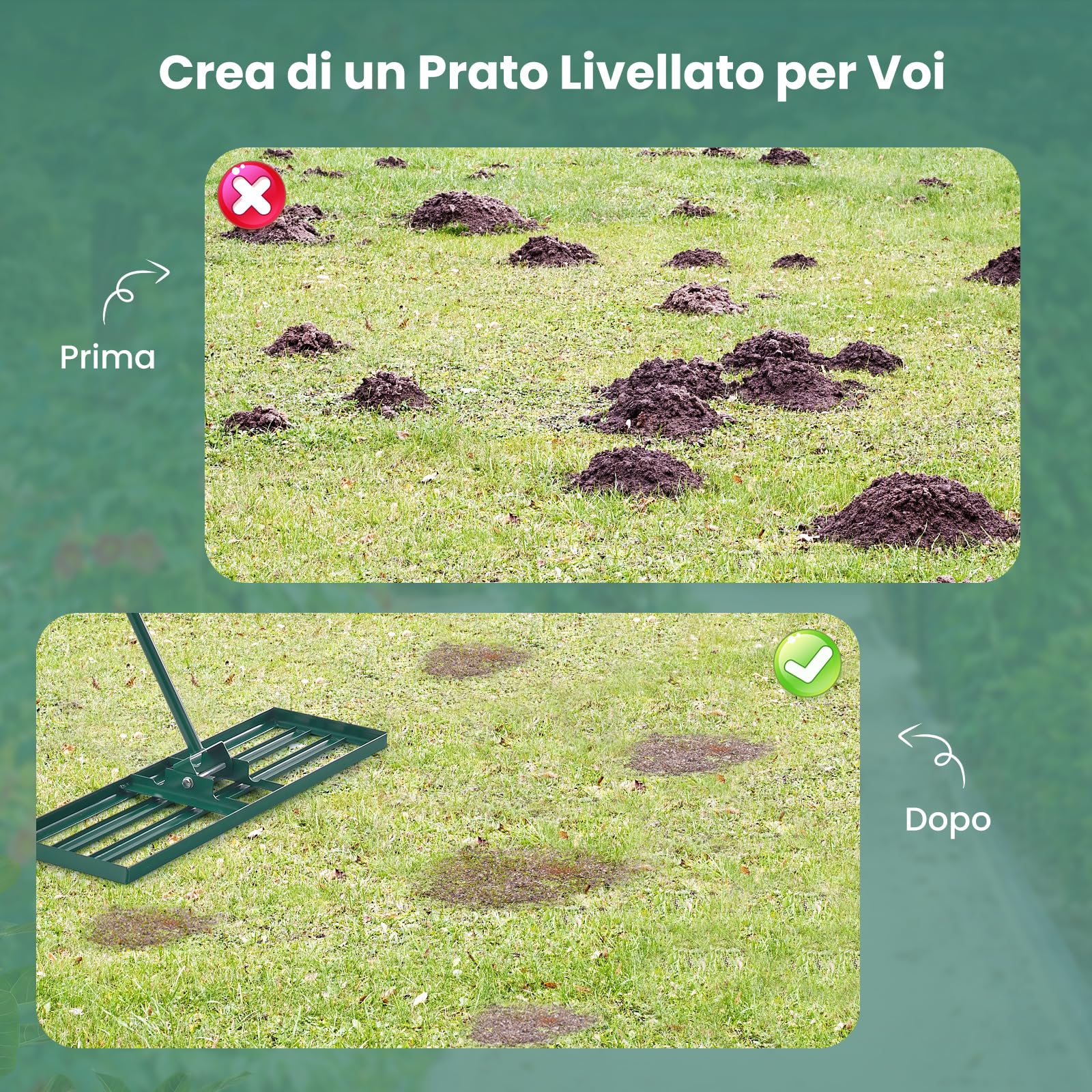 RELAX4LIFE Rastrello da Giardino 75/91/106CM, Rastrello Livellatore per Prato, Attrezzo da Giardino in Metallo per Livellare il Terreno e la Sabbia del Prato (91 x 25 cm)