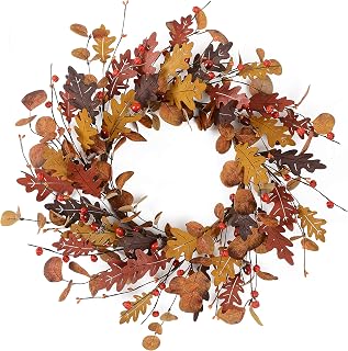 YNYLCHMX 18" Fall Wreaths for Front Door, Artificial Wreath with Winter Leaves, Eucalputs, and Pinecones, Modern Farmhouse Wreath, Garland for Hanging Window Wall Decorations
