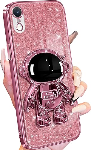 Buleens Funda para iPhone XR Astronauta, fundas transparentes para iPhone XR con papel brillante y soporte de astronauta, para mujeres y niñas,