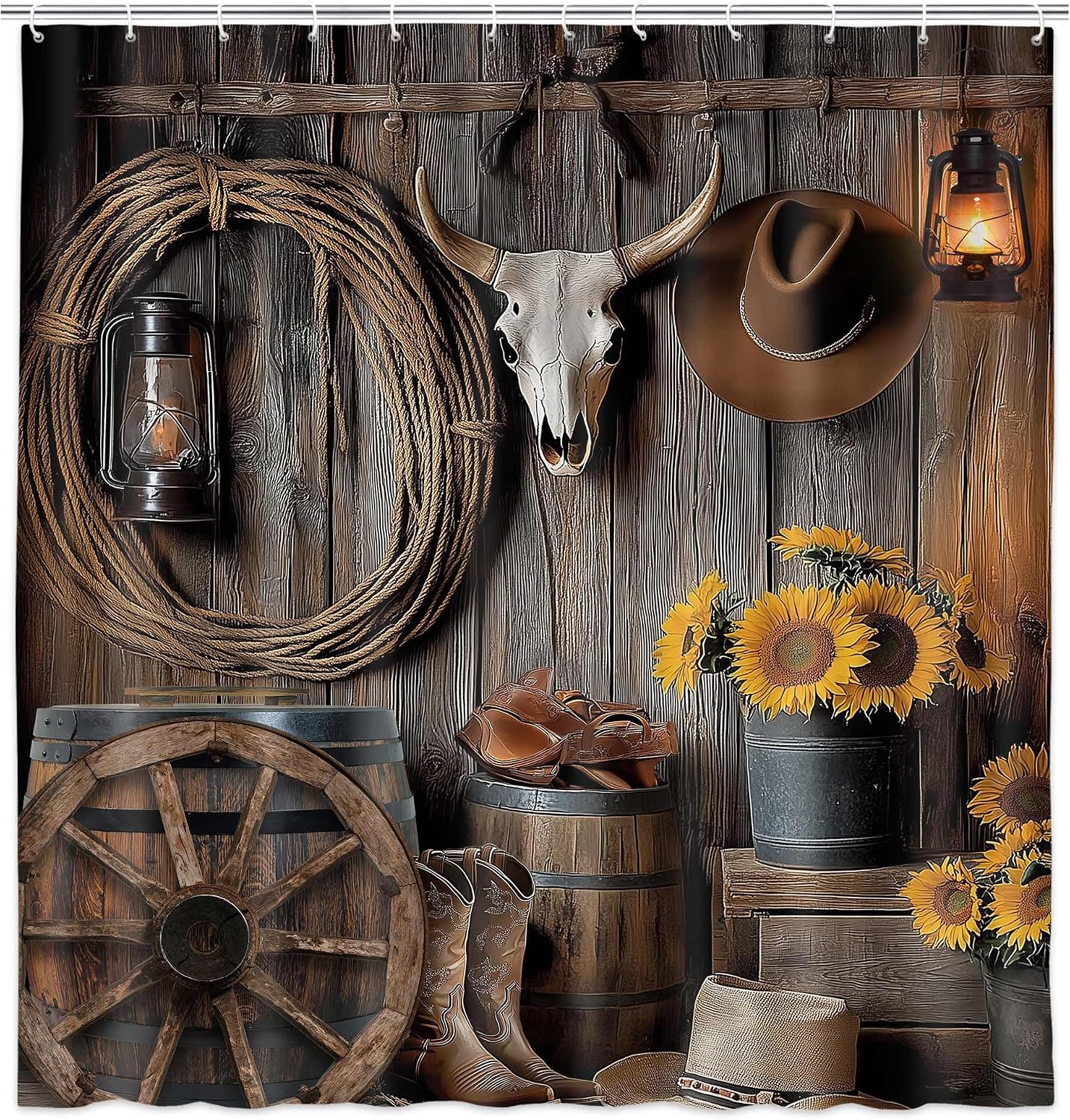 Western Cowboy Shower Curtain, Rustic Farmhouse Barn Door Cabin Bath Curtain, Brown Garage Wooden Bathroom Accessories Vintage Country Ranch Wood Board Southwestern for Bathroom Curtains, 69X75in