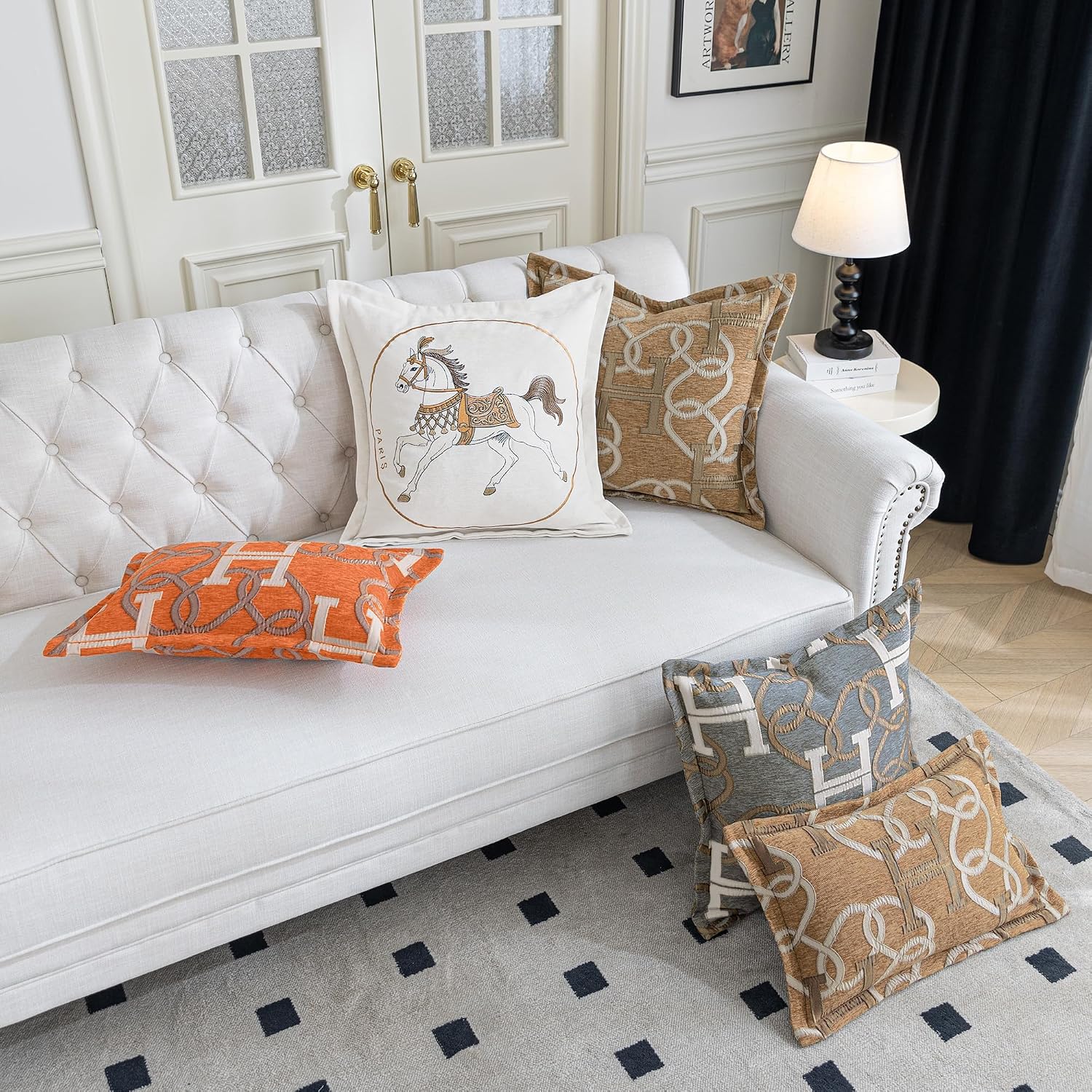 Modern Letter H Throw Pillow Covers 20x20 Inches, 1-Piece Chain Pattern Jacquard Decorative Pillow Cover, Luxury Chic Decor Soft Chenille Pillowcase for Couch Sofa Living Room(Light Brown)