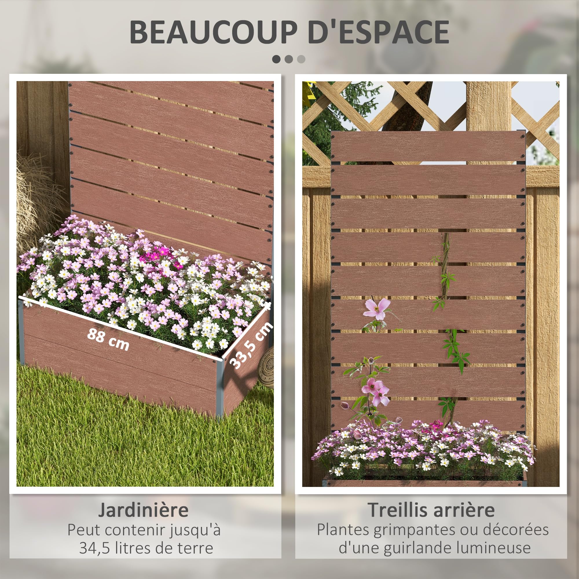 Outsunny Jardinière avec Treillis, lit surélevé de Jardin, jardinière extérieure pour Plantes grimpantes, bac à Fleurs rectangulaire Pot de Plantes pour Balcon terrasse, 72x38x150 cm, Marron Clair