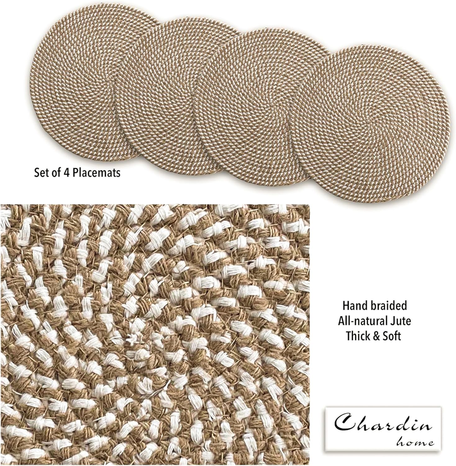 CHARDIN HOME Round Jute & Cotton Woven Braided PLACEMAT (Set of 4), Size -13 inch, Round, Color - Natural Jute & White.