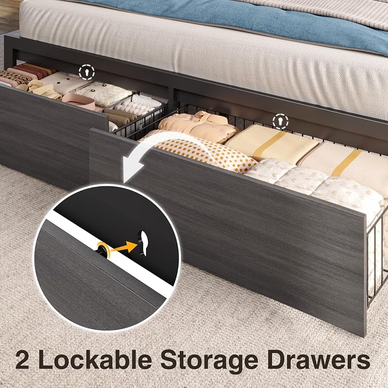 PHGLL Queen Bed Frame with 2-Layer Storage Headboard, Platform Metal Bed Frame with 2 Storage Drawers & 20W Fast-Charging Station & LED, Noise-Free, No Box Spring Needed, Easy Assembly, Rustic Grey image 6