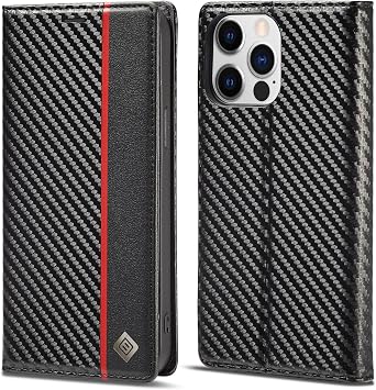 Drop-proof phone case Compatible with iPhone 13 Pro Max Case with Card Holder,Carbon Fiber Texture Design Leather Hybrid PU Case Stand Function Magnetic Clasp Cover Compatible Compatible with iPhone 1
