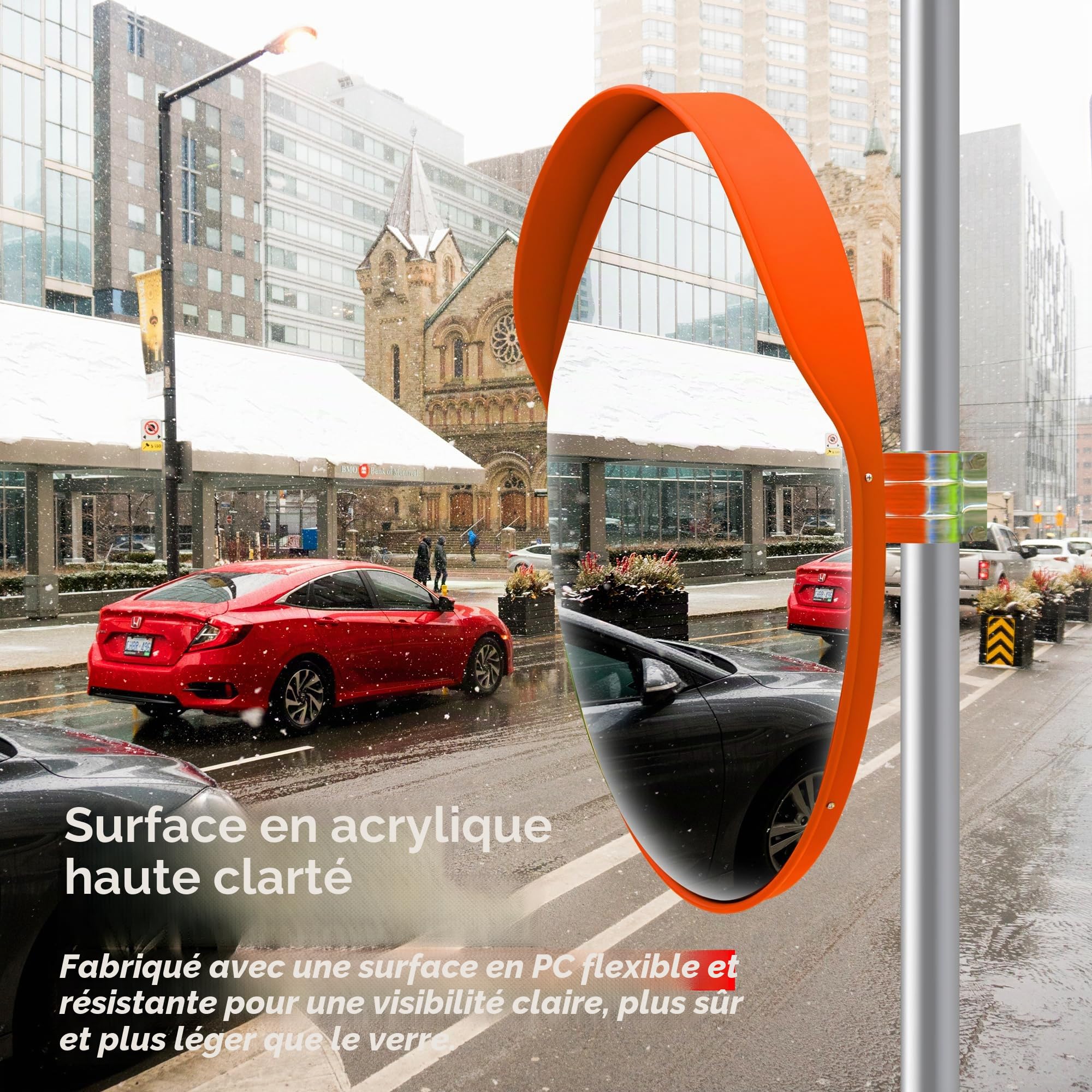 Miroir de sécurité convexe de 80 cm de forme circulaire | Miroir de sécurité convexe rond | Grand angle visible haute définition avec corps en plastique orange