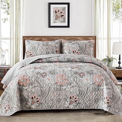 WONGS BEDDING Juego de edredón floral tamaño Queen, juego de ropa de cama tamaño Queen botánico gris, juego de ropa de cama de microfibra suave y