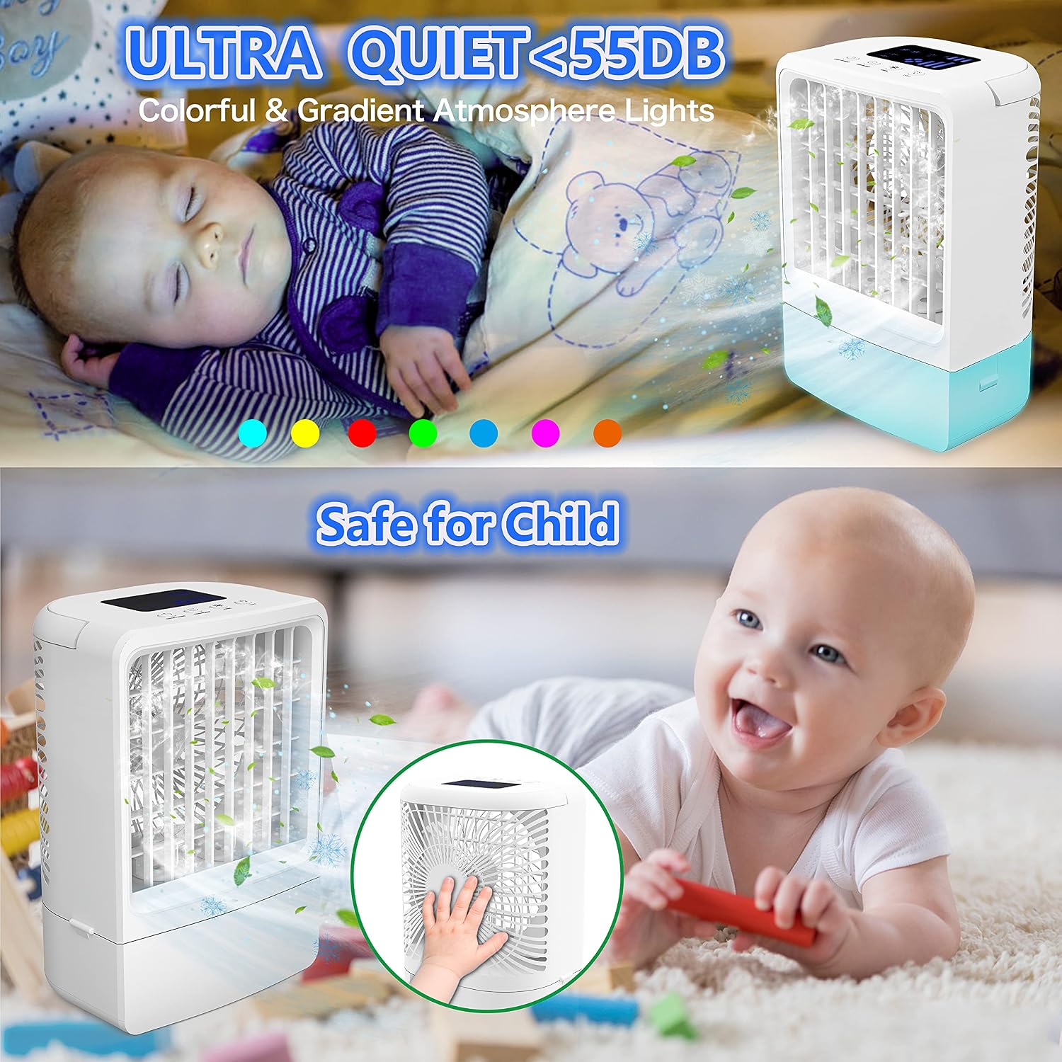 Portable Air Conditioner Mini - Air Conditioner Portable, Personal Portable Air Conditioner with Battery for Camping, Car, with Timing, 7 Colors Light, 4000mAh Battery