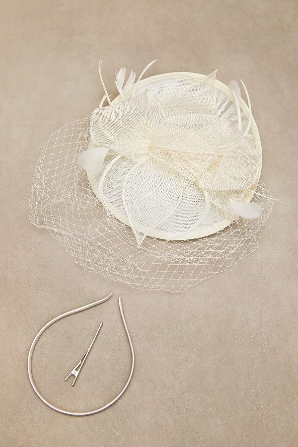 BABEYOND Women's Pillbox Fascinator Hat Kentucky Feather Derby Tea Party Headpiece with Veil for Cocktail Costume Off-White by BABEYOND - Image 3