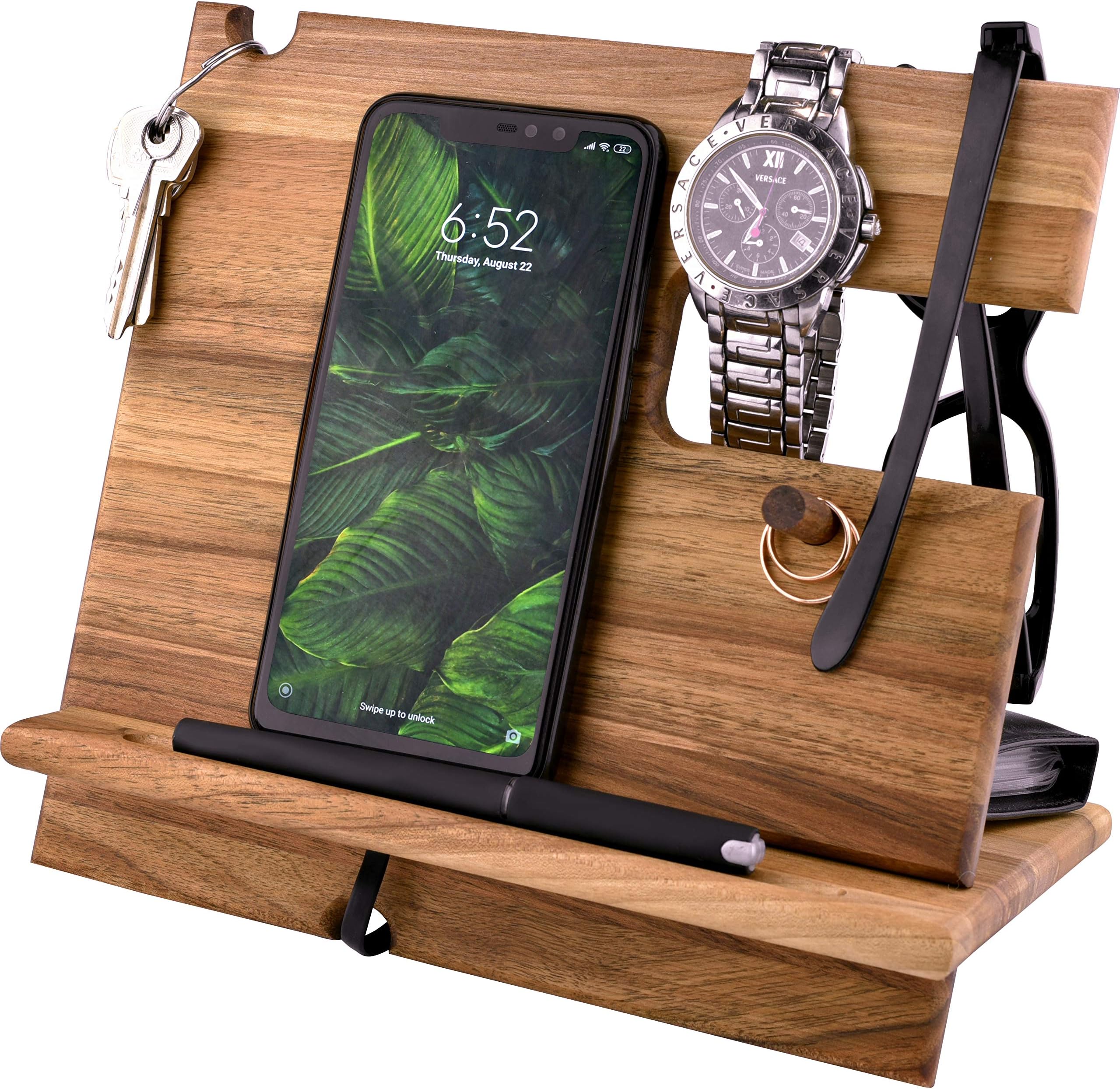 BarvA Wood Docking Station Cell Phone Smartwatch Holder Men Charging Accessory Nightstand Father Mobile Gadget Organizer Desktop Dresser Storage Valet Anniversary Birthday Graduation Gift
