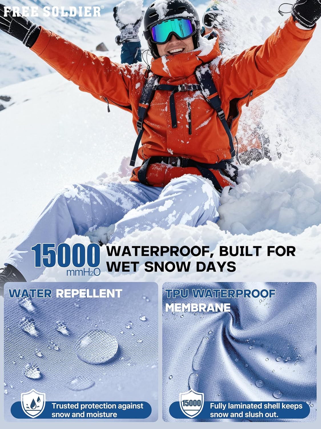 FREE SOLDIER Men's Waterproof Snow Insulated Pants Winter Skiing Snowboarding Pants with Zipper Pockets - Image 3