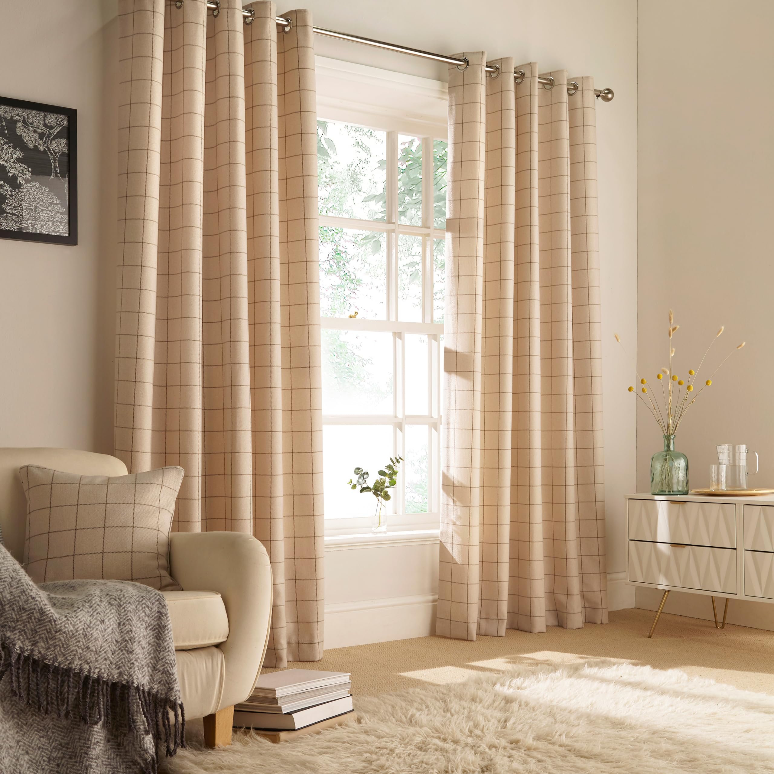 B&Q - furn. Furn Ellis Check Room Darkening Eyelet Curtain Pair Natural (W)229Cm X (D)137Cm