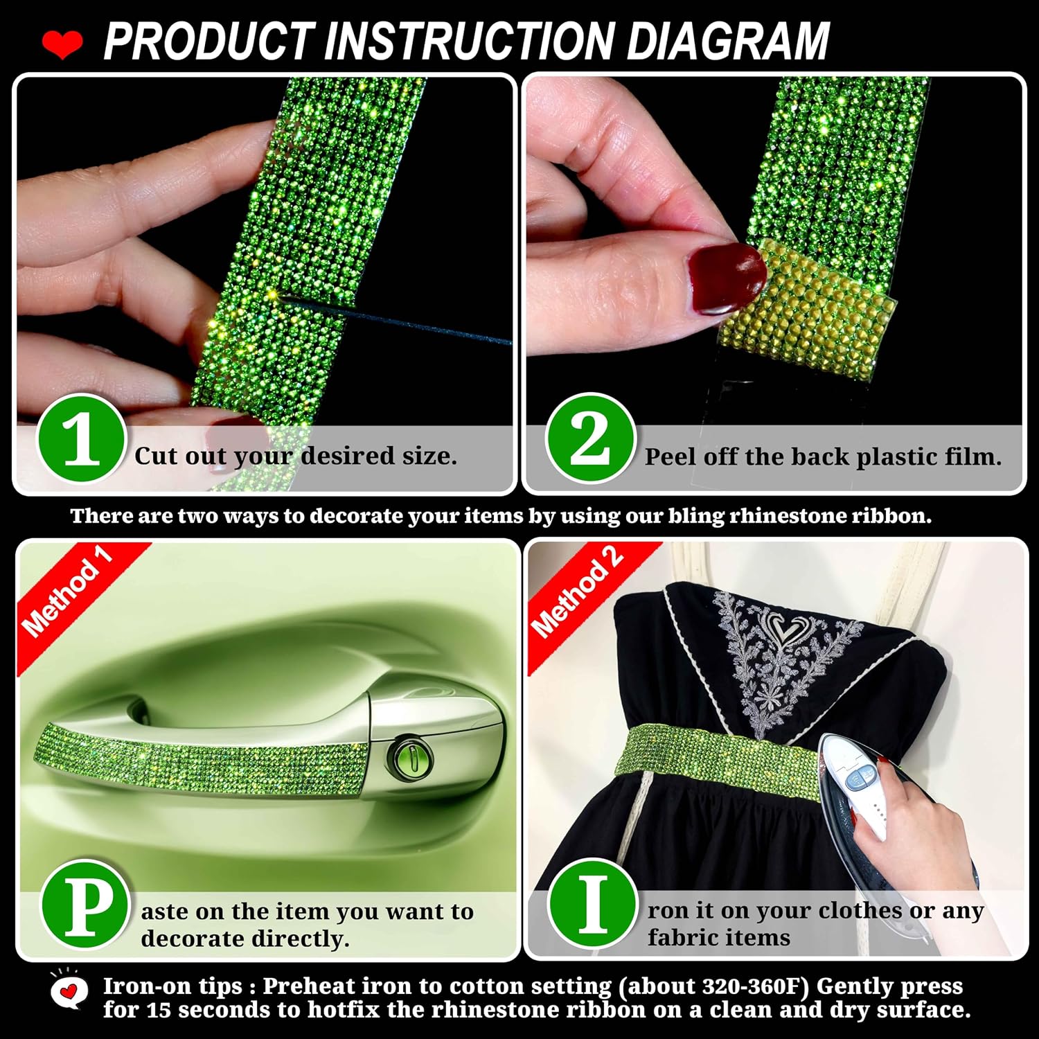Bling Crystal Rhinestone Ribbon Self-Adhesive Iron-on DIY Glitter Diamond Stickers for Crafts Cars Clothing Decoration(1.06inch 3Yards Green) image 3