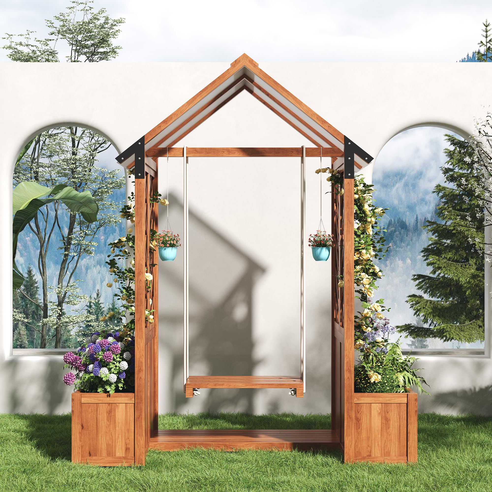BTM Jardinera con celosía, maceta con columpio, jardineras al aire libre con toldo de policarbonato, bandeja de planta para jardín, patio, terraza, 142x70x163 cm, marrón