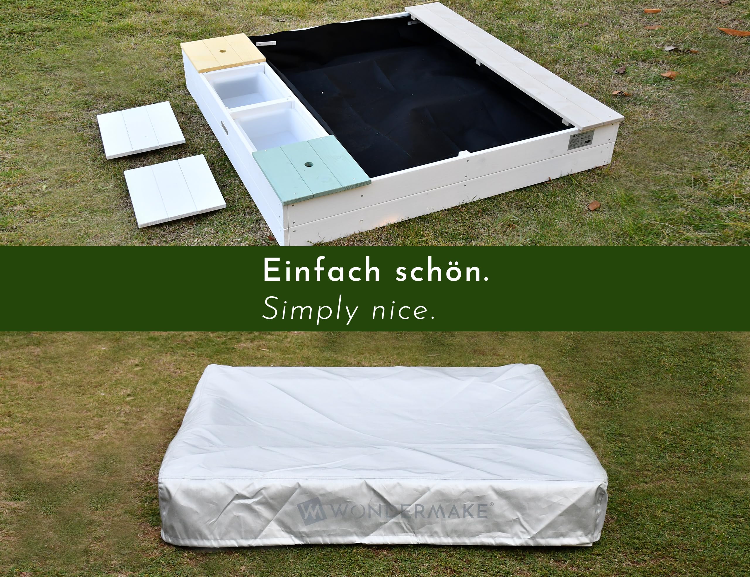 Design Sandkasten mit Matschküche, Abdeckung Oxford 420D, Vliesfolie, Sandkiste Holz quadratisch verschließbar Outdoor Garten für Kinder, weiß bunt