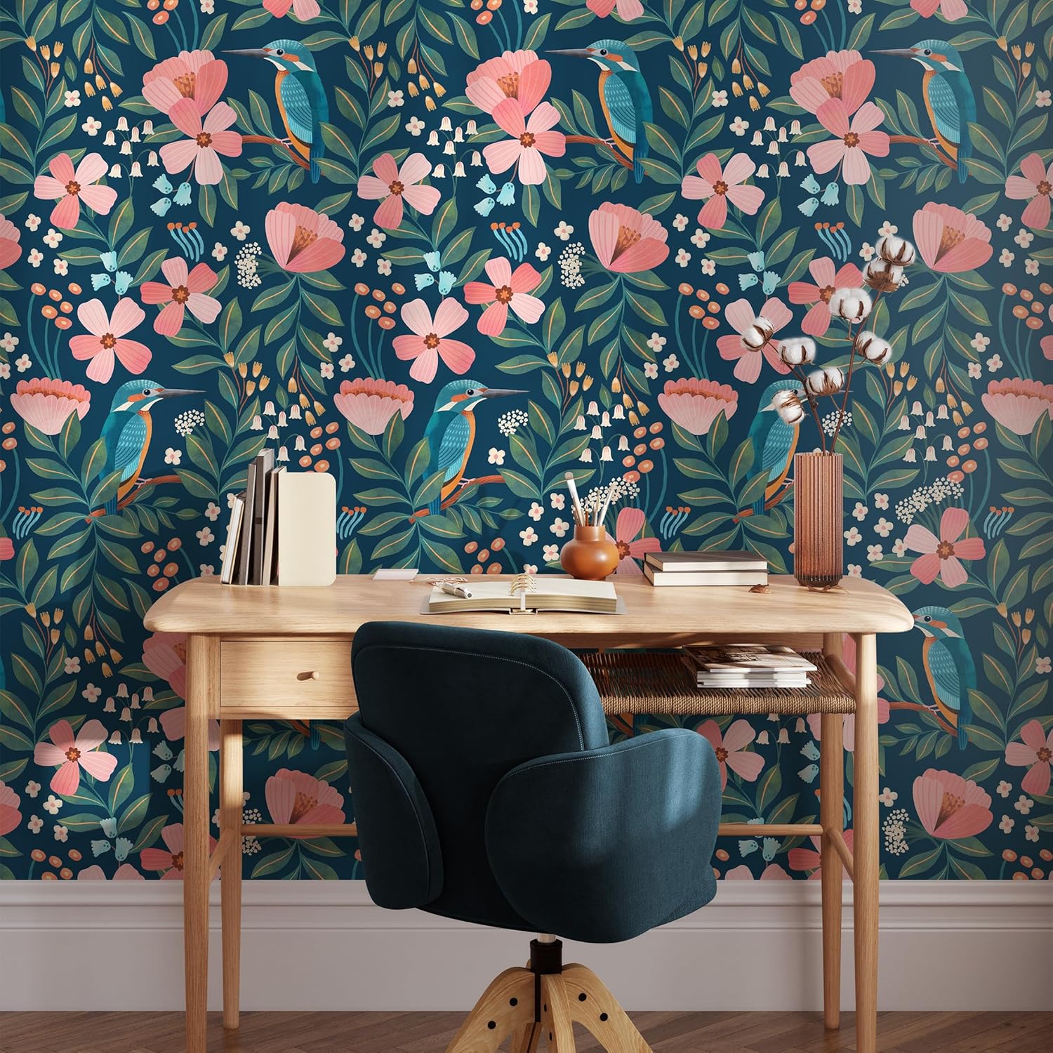 Vintage Birds Floral Peel and Stick Wallpaper Pink Flower Self Adhesive Wallpaper Removable Stick on Contact Paper for Bathroom Bedroom Decor 17.7"x118"